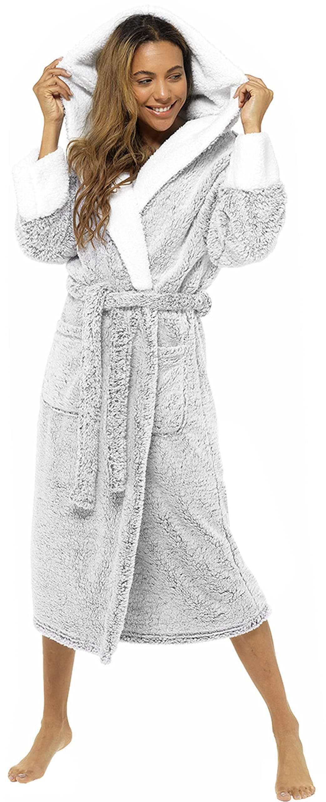 KATE MORGAN Ladies Dressing Gown Fluffy Super Soft Hooded Bathrobe for Women Plush Fleece Perfect Loungewear Long Robe | Gifts for Women — view 18
