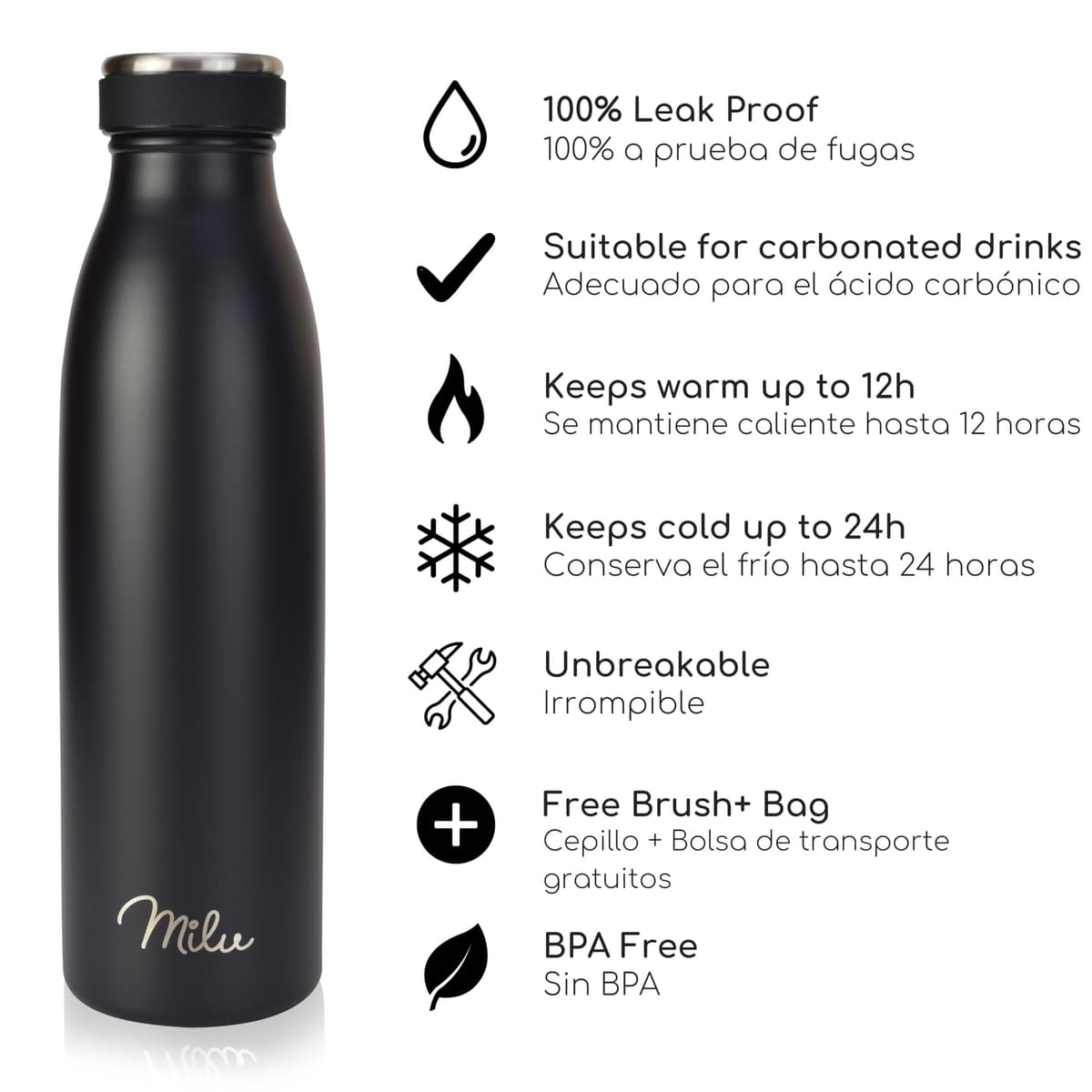 Milu Botella de acero inoxidable de 350ml 500ml 750 ml 1 L 1,5 L botella de agua aislada, termo a prueba de fugas, doble pared, apta para ácido carbónico + cepillo de limpieza (Azul Violeta, 350ml) — view 165