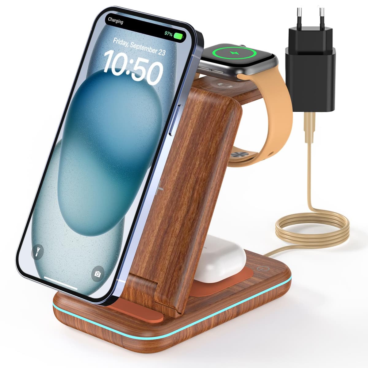 JoyGeek Cargador Inalámbrica, Plegable 3 en 1 Base Cargador para i Phone 17/16/15/14/13/12/Plus/Pro MAX, Estación de Carga para AppleWatch Ultra-2, Rapida Wireless Charger para AirPods 4/Pro/3/2-Negro — view 8