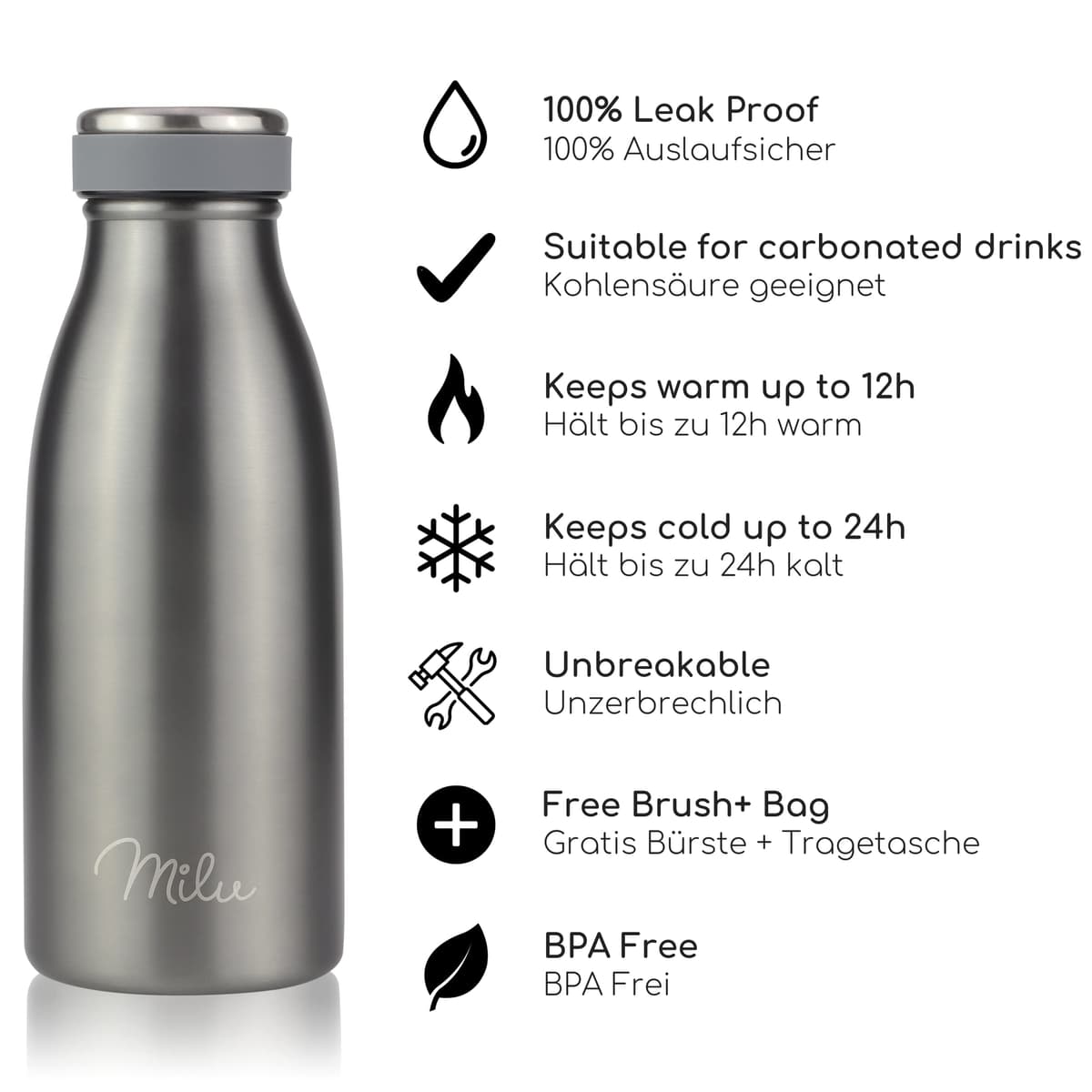 Milu Stainless Steel Drinking Bottle 350 ml - Insulated Thermo Flask for Water - Leak Proof, Insulated and Double Walled, Carbonated (Grey, 350 ml) — view 2