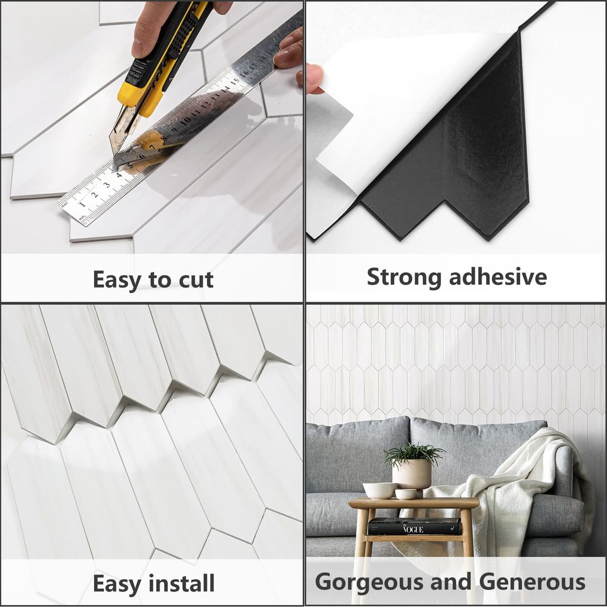 Vamos Tile Glossy Dolomite White Backsplash Tile Peel and Stick, 12.8 x 12.8 Inch 10 Sheets Long Hexagon PVC Self Adhesive Mosaic Wall Tiles Stick on Backsplash for Kitchen and Bathroom — view 5