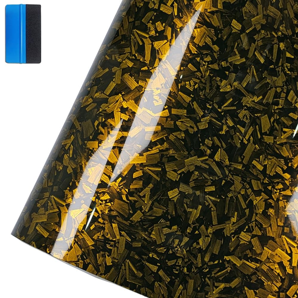 NewL Forged Carbon Fiber Gloss Gold Vinyl Wrap Sticker Free Bubble Air Release DIY Decal Car Auto Vehicle Morotcycle Self Adhesive (30cm x 100cm)