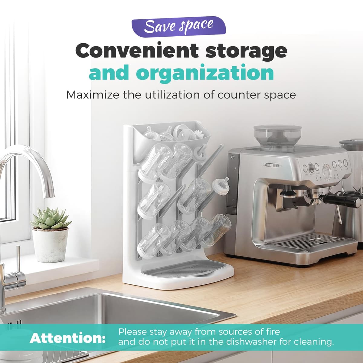 Baby Bottle Drying Rack with 2 Suction Cups, Vertical Standing Bottle Dryer Rack Holder, Detachable Drip Tray, Holds Up to 12 Bottles & Accessories, Countertop Organizer (grey) — view 7