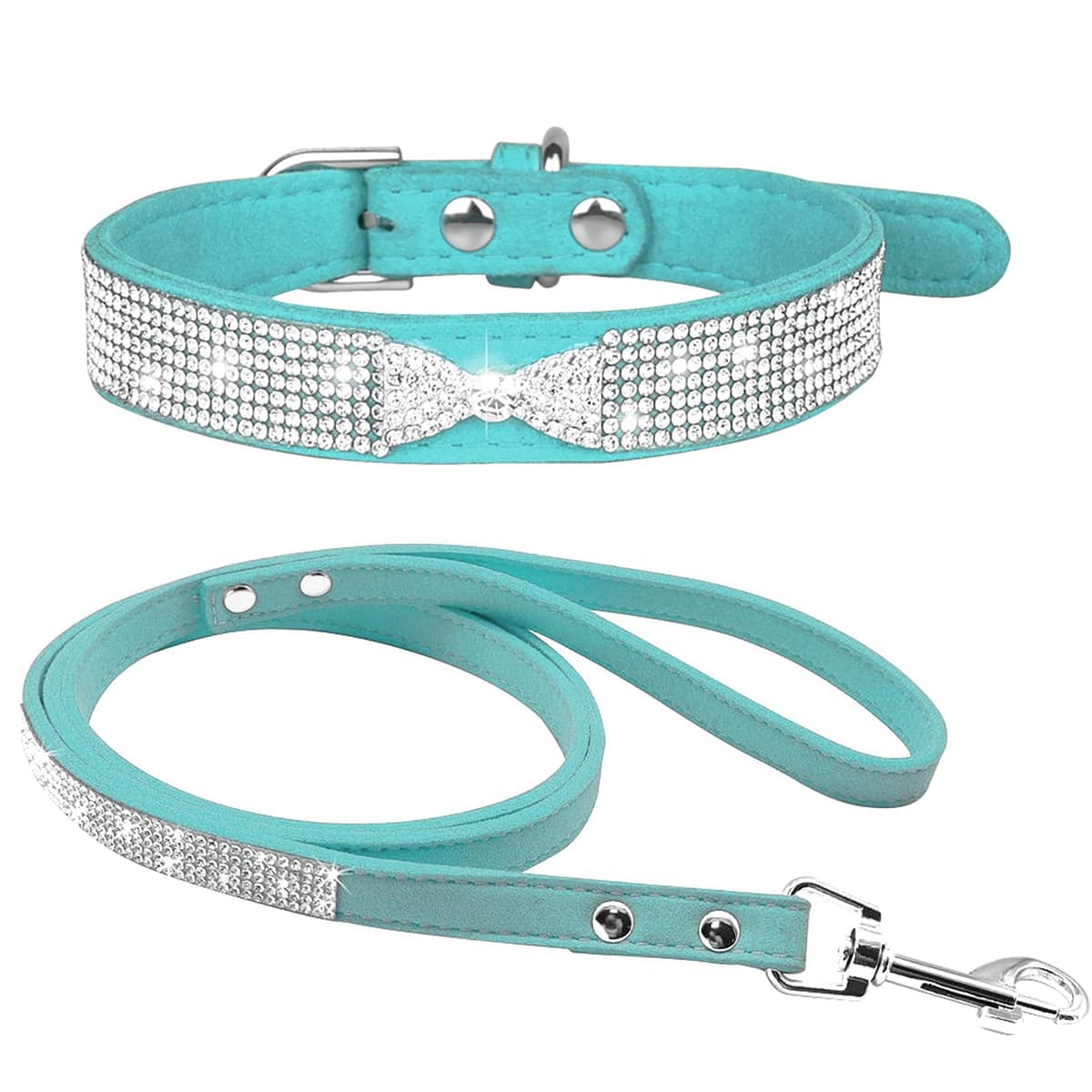 Cute Dazzling Sparkling Elegant Fancy Soft Suede Leather Bling Rhinestone Crystal Jeweled Pet Cat Dog Puppy Collar Dog Leash Combo Set (S, Black-2) — view 43