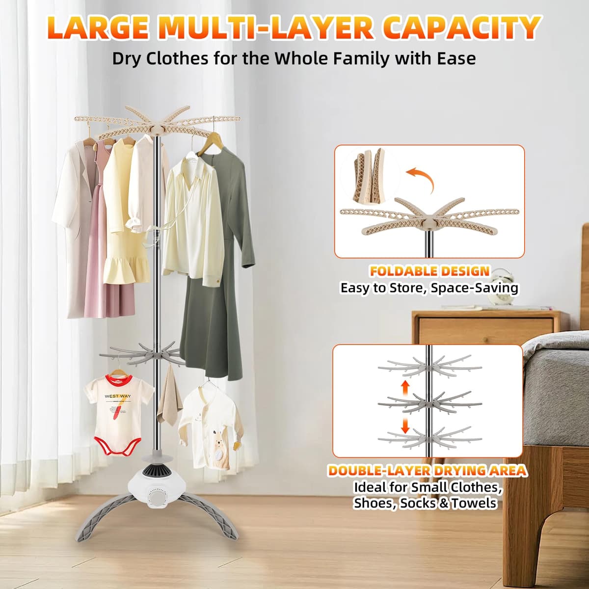Portable Clothes Dryer, Foldable Electric Mini Dryer with Towel Rack, 900W Heated Drying Pod, 2-Layer 360° Hot Air Drying, Compact Travel Dryer for Home, Apartment, RV & Travel — view 4