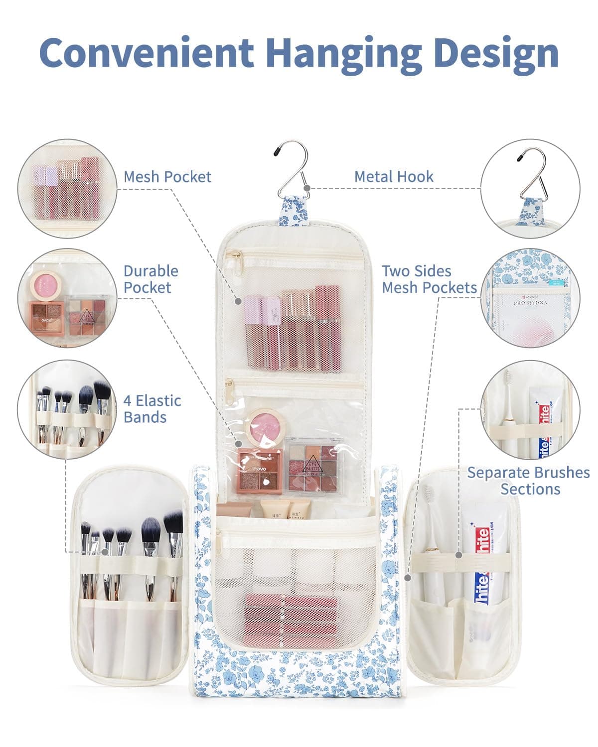 Narwey Hanging Toiletry Bag for Women Travel Makeup Bag Organizer Toiletries Bag for Cosmetics Essentials Accessories (Large, Little Blue Flower) — view 2