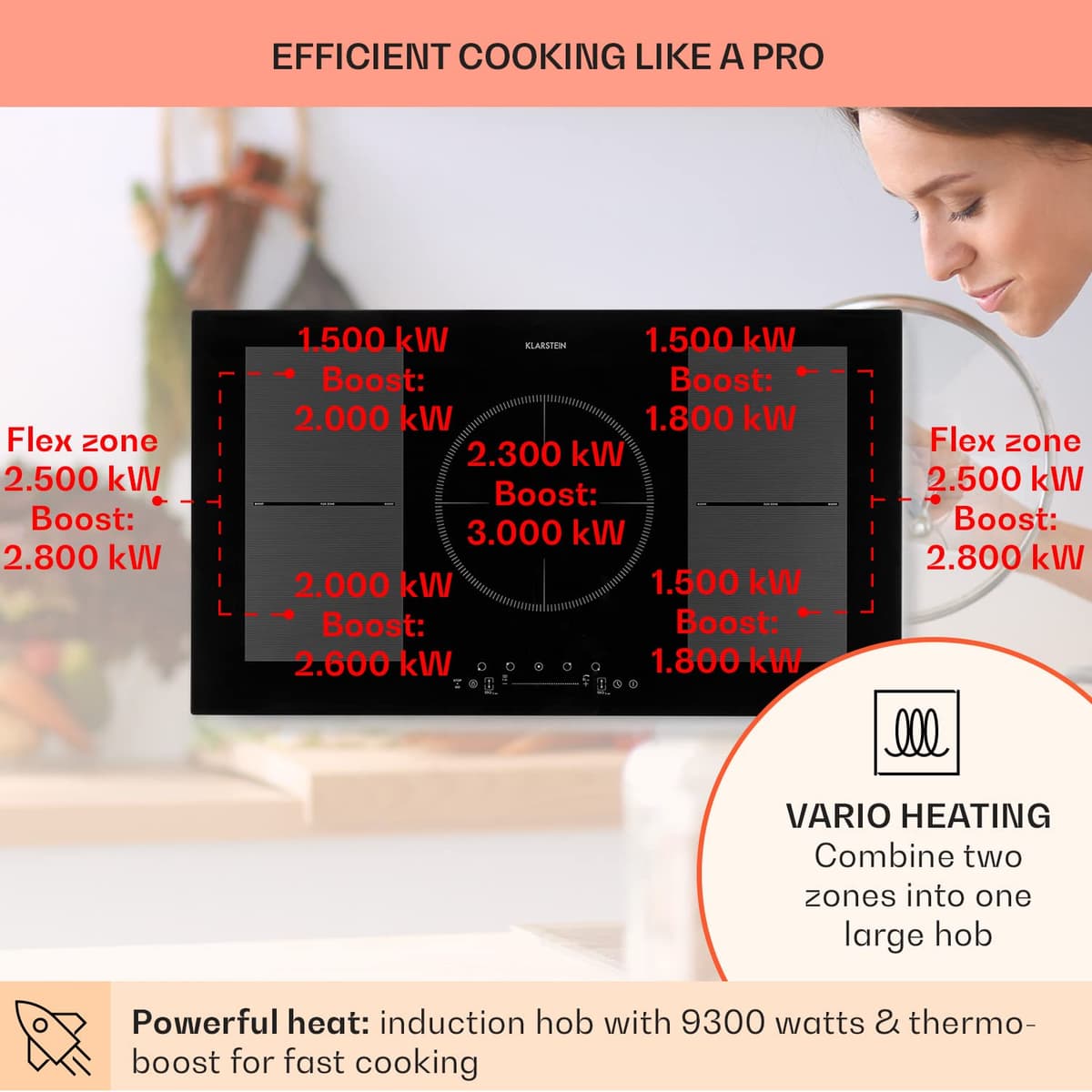 Klarstein Induction Hob, 9300W Electric Hobs Induction Cooker, 5 Ring Electric Pan Hob, Built-In Table Top Cookers w/ 5 Hobs, Touch Control, Inductions Heater Cooktops, Hot Plates for Cooking — view 3