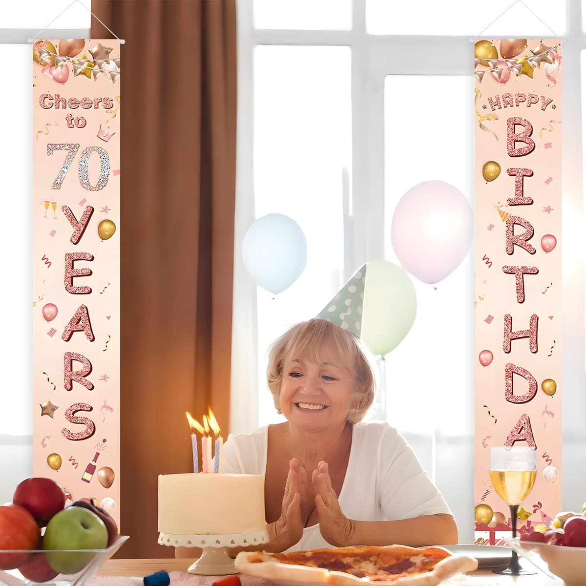 Happy 70th Birthday Door Banner, 70th Birthday Decorations Banner for Her, Rose Gold 70 Banners Porch Sign for Birthday Party Indoor Outdoor Decoration — view 4