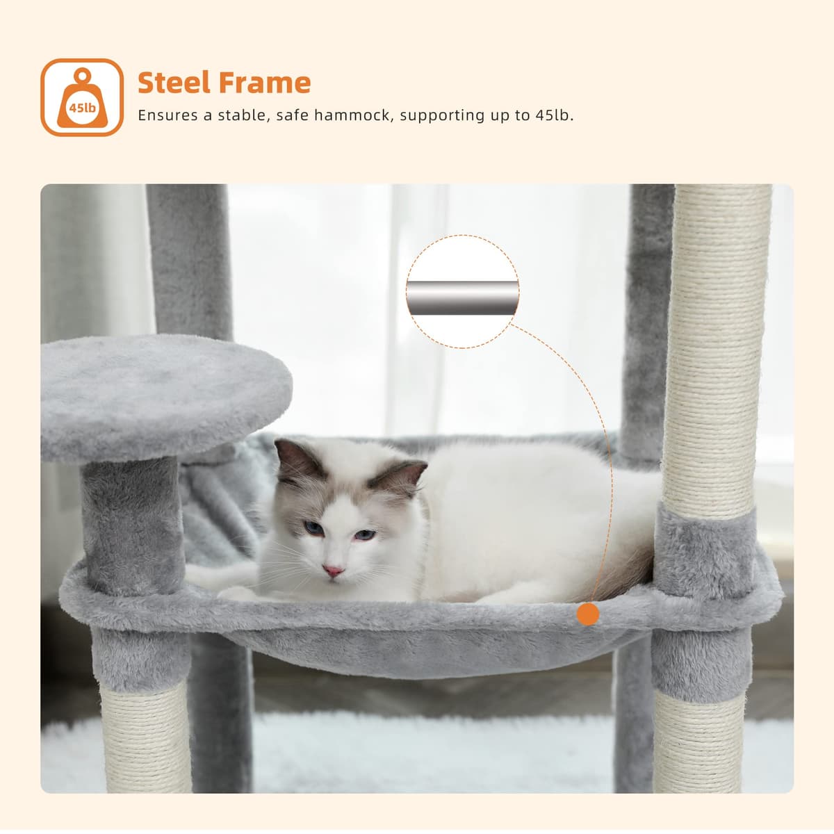 PAWZ Road 143cm Cat Tree for Indoor Cats with Metal Frame Large Hammock, 56.3 Inches Big Cat Tower with Scratching Posts and Top Perch, 4.7ft Multi-Level Activity Center with Replaceable Pompon, Grey — view 5