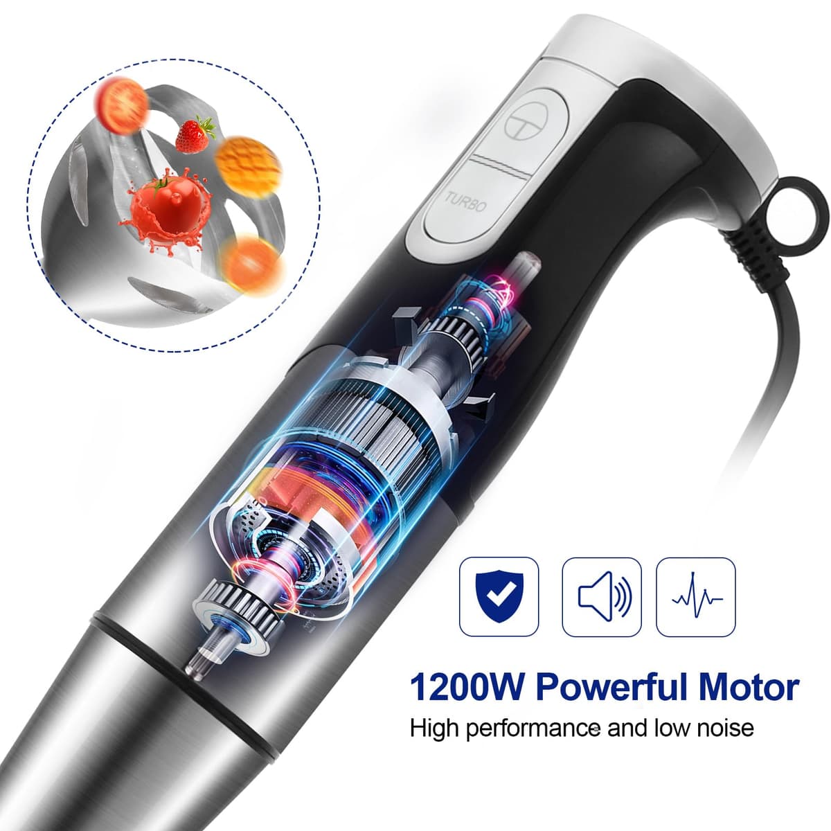 Batidora de Mano 1200W Eléctrica Multifuncionales 6-EN-1 con Picadora, Batidor de Huevos, Vaso Medidor, Pie Desmontable, Función Turbo Cuchilla de Acero Inoxidable — view 3