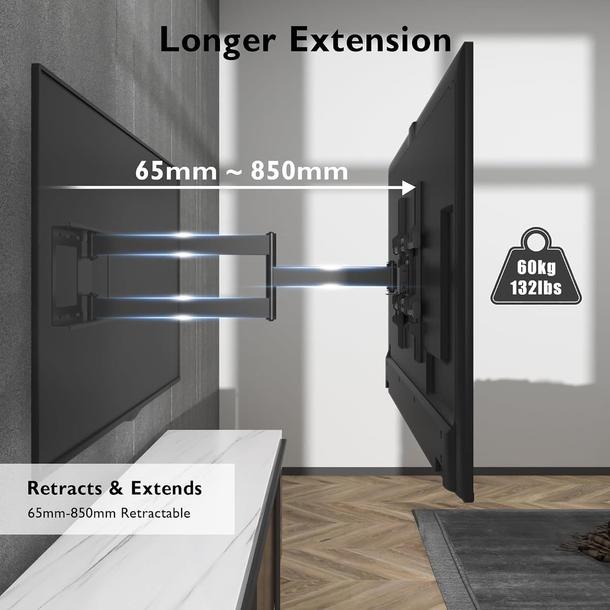 BONTEC TV Wall Bracket, Universal TV Wall Mount for 32-70 Inch, Extra Long Articulated Arm 850mm, Tilt Swivel Rotate Full Mot