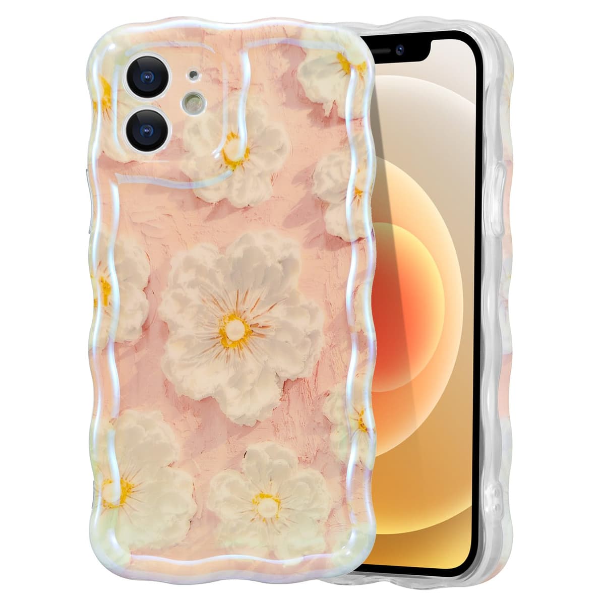 EYZUTAK Case for iPhone 16, Colorful Retro Oil Painting Printed Flower Laser Glossy Pattern Cute Curly Wave Edge Exquisite Phone Cover Stylish Durable TPU Protective Case for Girl Women-Green — view 89