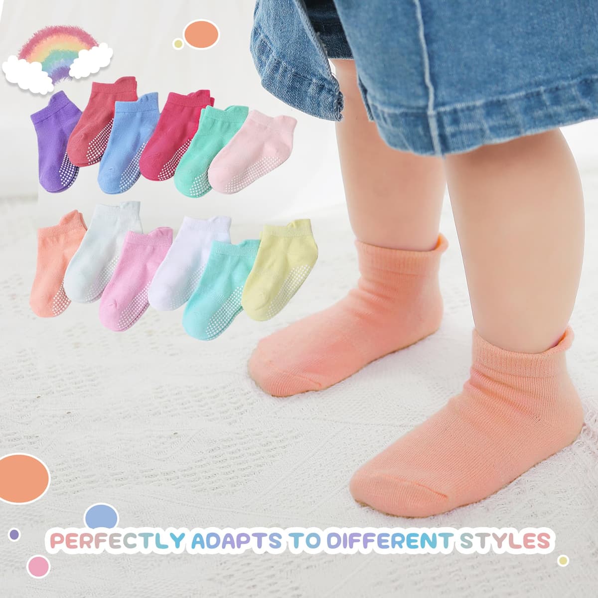 Aroveea Calcetines Antideslizantes Bebés y Niños Pequeños, 12 Pares Algodón Lindos de Tobillo, 6 Meses-7 Años — view 2