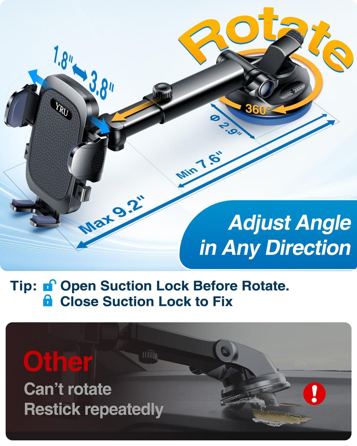 YRU [True Military-Grade & 360° Rotatable Suction 2026 Ultimate Car Phone Holder Mount【90+LBS Safest Strongest & Patent Certs】 Dashboard Windscreen Vent for iPhone 17 16 Pro Max Samsung, Pure Black — view 4