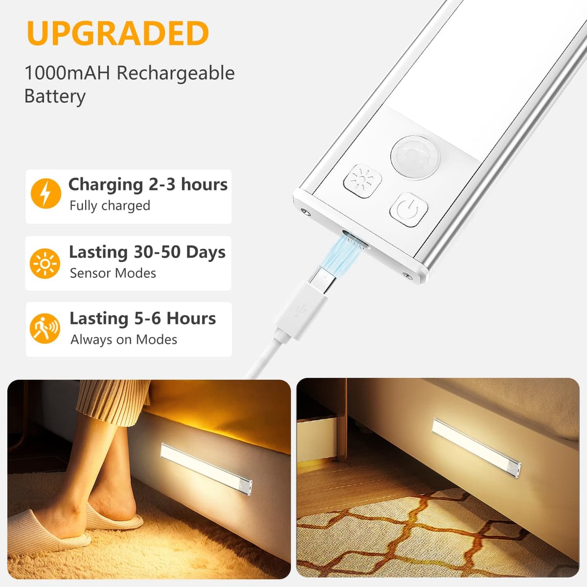 OUILA Under Cabinet Kitchen Lights, 64 LED [2 Pack] 3 Color Stepless Dimming Motion Sensor Lights Indoor, 1000mAh USB-C Rechargeable LED Lights for Cupboard, Kitchen — view 6