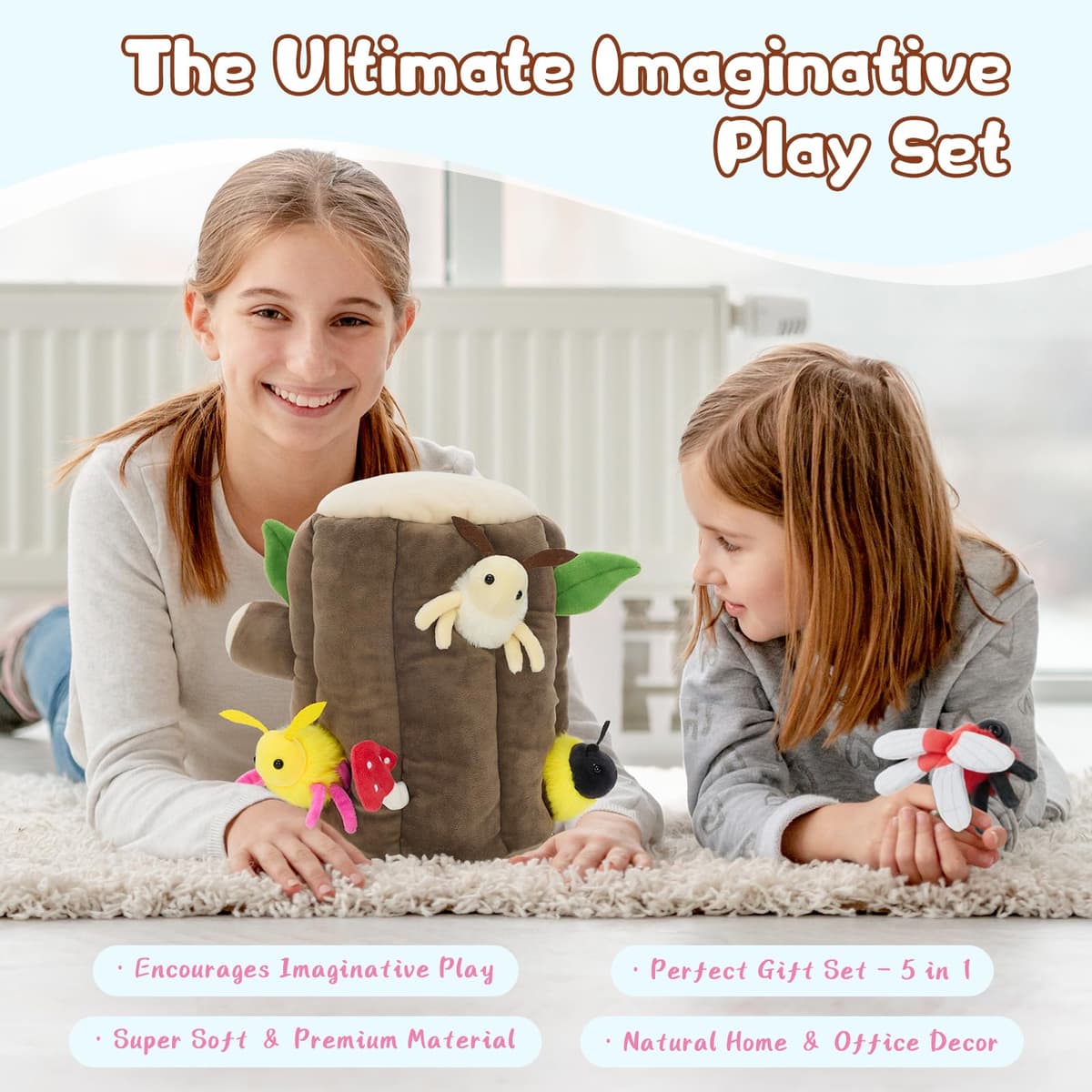 MorisMos Big Stump with Insectes Teddy Soft Toy, 25cm Cuddly Fluffy Tree stump with 5 winged small insects，Plush Stuffed Animal Teddy Gift for Kids Birthday Deco — view 3