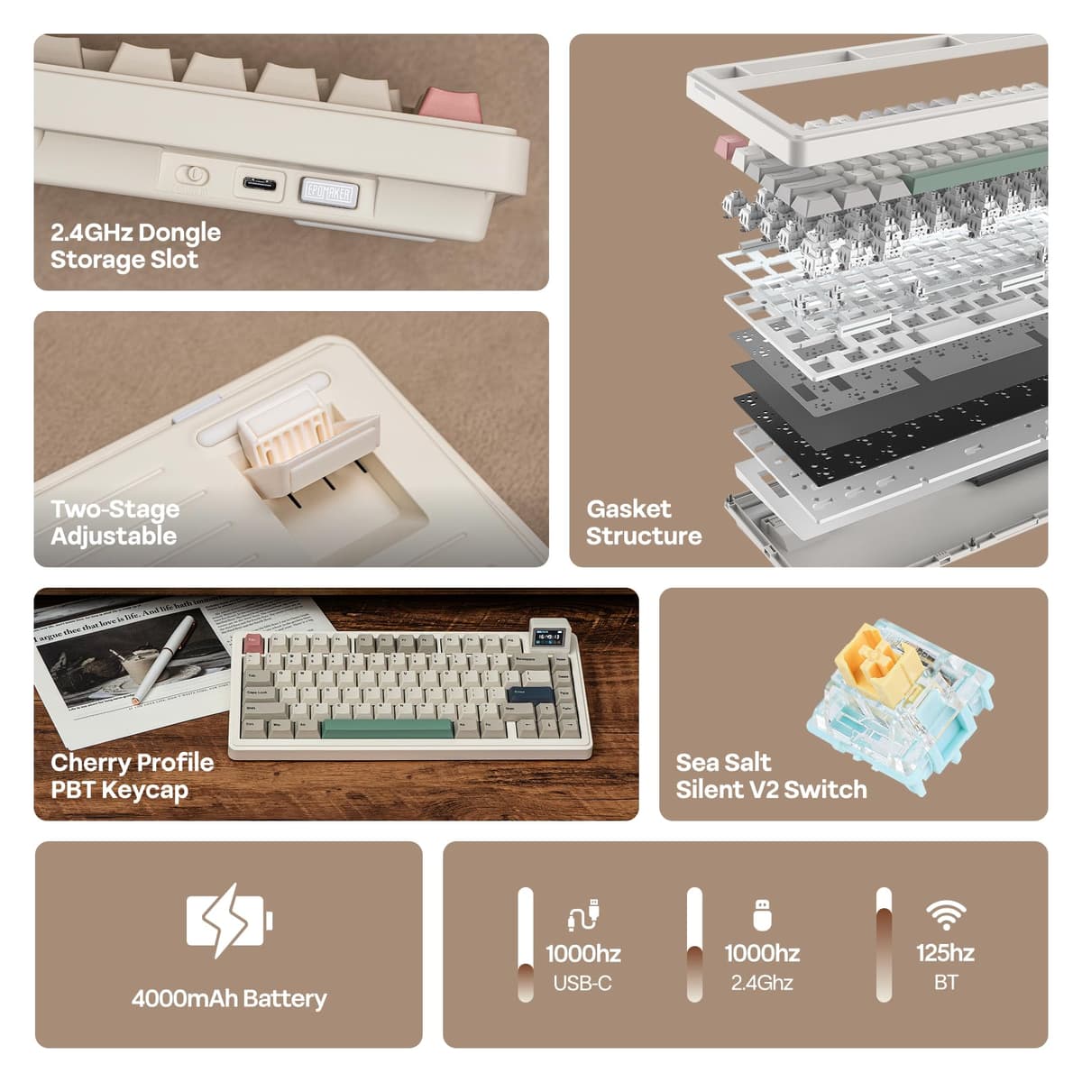 EPOMAKER RT82 Teclado Mecánico Inalámbrico para Juegos con Pantalla, Personalizable con Via, 2.4GHz/USB-C/BT5.0, RGB, Gasket, Amortiguado de 5 Capas, Teclas PBT, Hot-Swap, US ANSI (Sea Salt Silent) — view 2