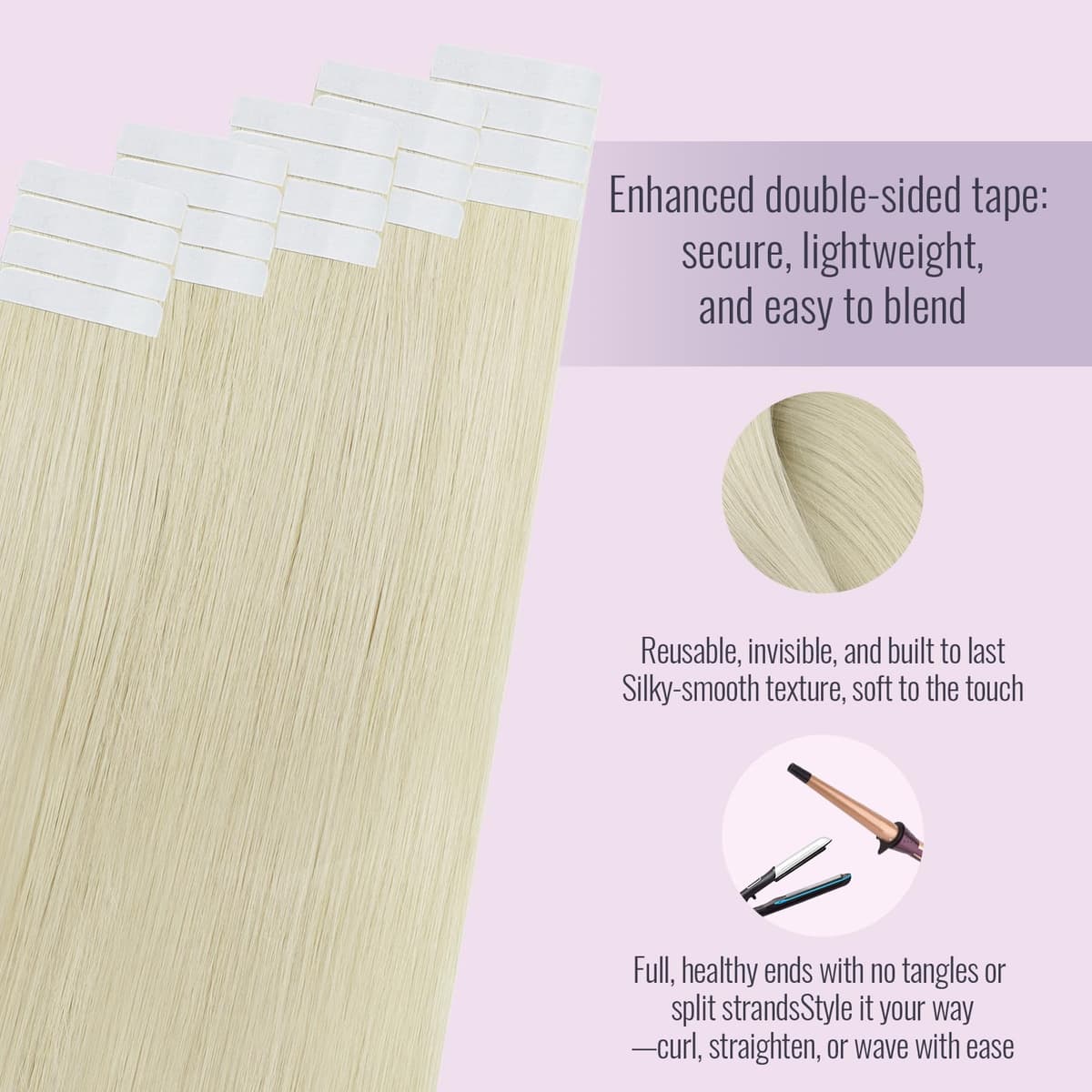 Fshine Extensiones Pelo Natural Adhesivas Rubio Blanco Extensiones Remy Adhesivas 45cm 50g Tape In Hair Extensions Cintas De Cabello Pelo Natural Color 1000 — view 3