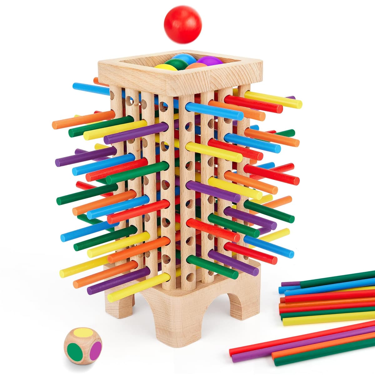 Montessori Game Wooden Board Games, 42 Colorful Wooden Sticks Dice Games Math Educational Toys for 3 4 5 6 Years Old, Fine Motor Skills & Counting Toy, Family Travel Game for Kids Gifts