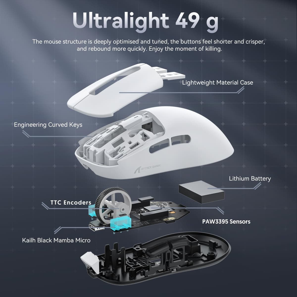 ATTACK SHARK X3 49g SUPERLIGHT Mouse, PixArt PAW3395 Gaming Sensor, BT/2.4G Wireless/Wired Gaming Mouse, 6 Adjustable DPI up to 26000, 200 Hrs Battery, Office Mice for Win11/Xbox/PS/Mac (White) — view 5