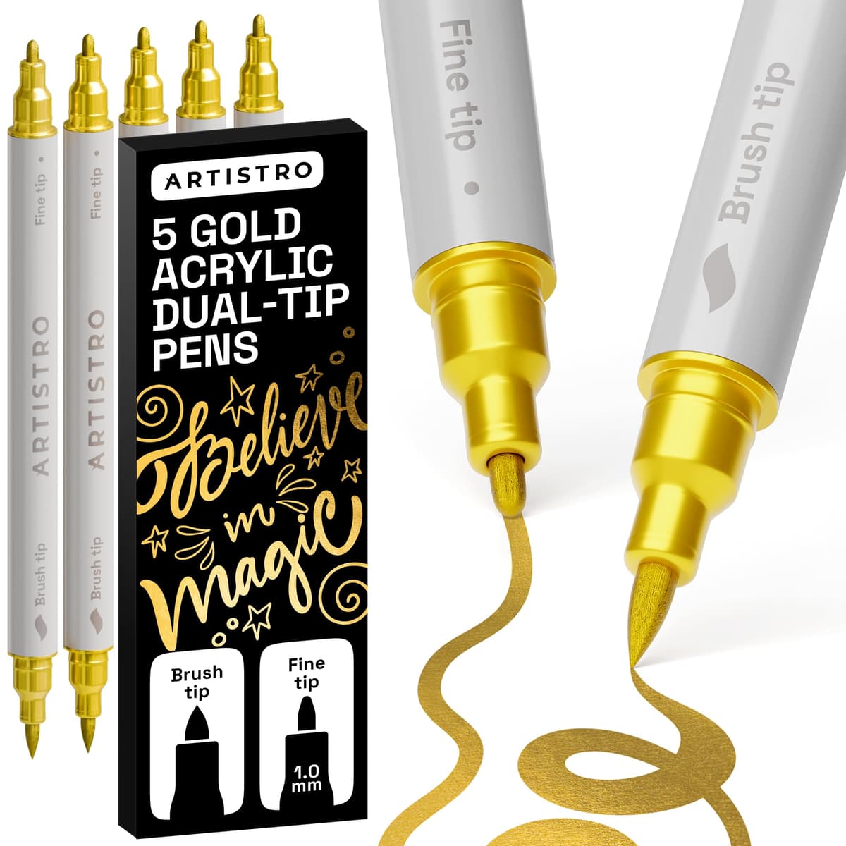 ARTISTRO 5 Black Acrylic Paint Pens – Dual Tip (Brush & Fine) Markers for Fabric, Canvas, Rock, Glass, Wood – Calligraphy, Scrapbook Supplies DIY & Gift for Kids, Teens - Art Set — view 9