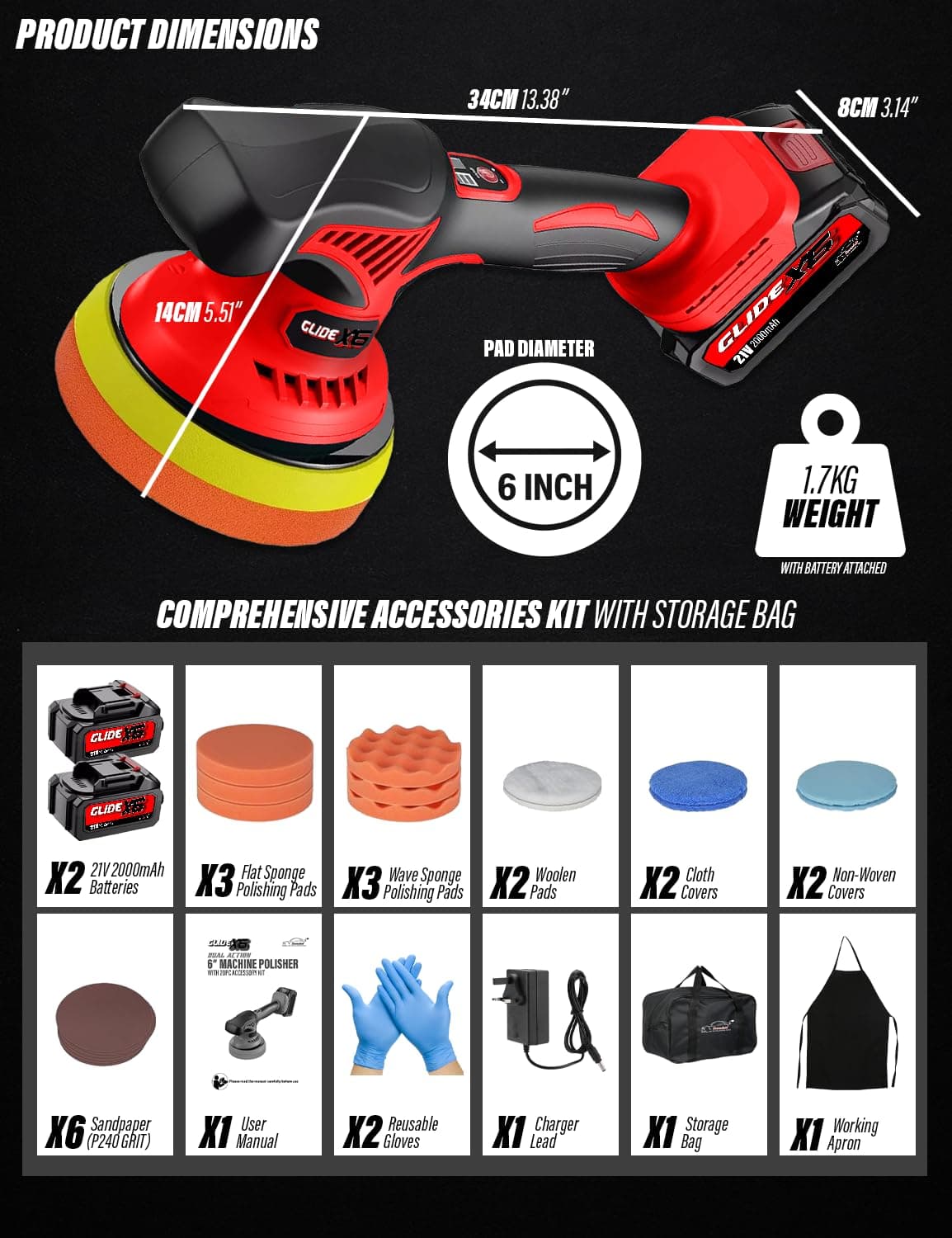 Xtremeauto Glide X6 Cordless Dual Action Car Polisher Kit – 21V Brushless Buffer & Waxing Machine with 2 Batteries, Variable Speed Orbital Polishing Tool for Car Detailing, Scratch Removal & Finishing — view 5