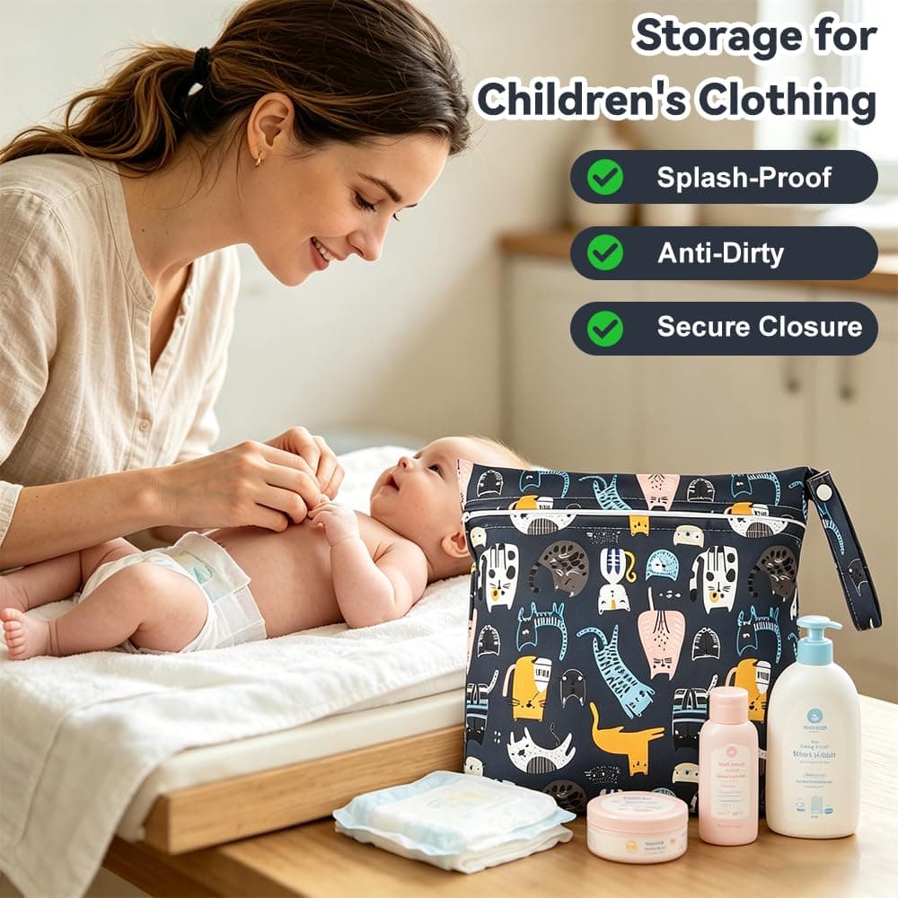 Cosiesnest 2 Packs Cartoon Print Wet Dry Bags | Waterproof Reusable Nappy & Swim Bag | Travel Laundry Bag,Single Zipper Pouch for Swimming, Beach, Nursery & Travel (12x11 inch) (A-cat) — view 5