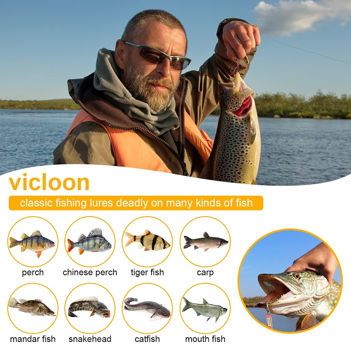 Vicloon Señuelos de Pesca Kits con Ganchos Cebos Cebo de Pesca Señuelos De Cucharilla de Pesca Spinner Cebo para la Trucha,Lucio Perca Trucha Pike Salmon Bass — view 7