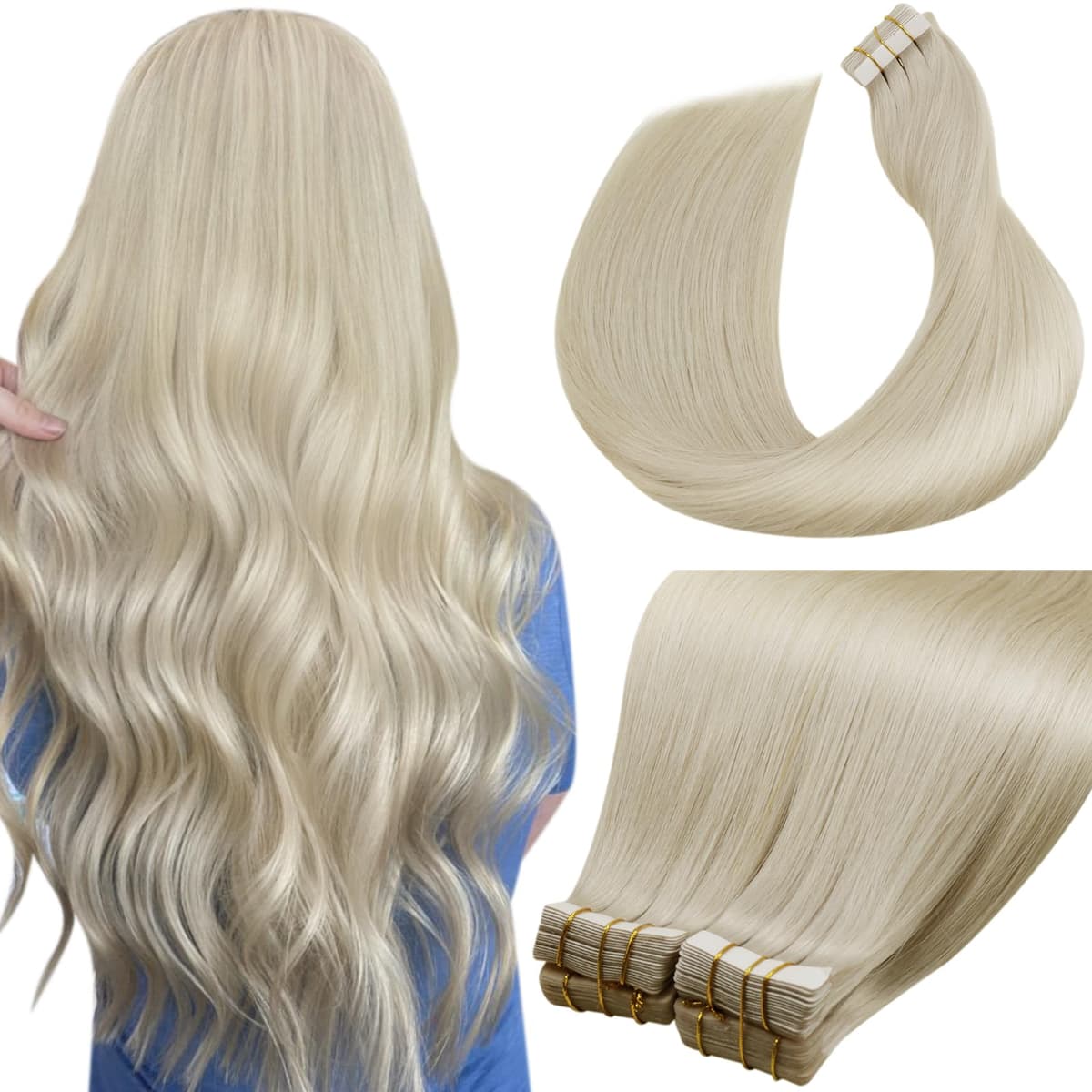 LaaVoo Tape in Hair Extensions Human Hair Blonde Tape Hair Extensions Real Human Hair Invisible Tapes Remy Straight Balayage Brown to Blonde Hair Double Sided Tabs 20pcs 50g 16 Inch #8/18/60 — view 73