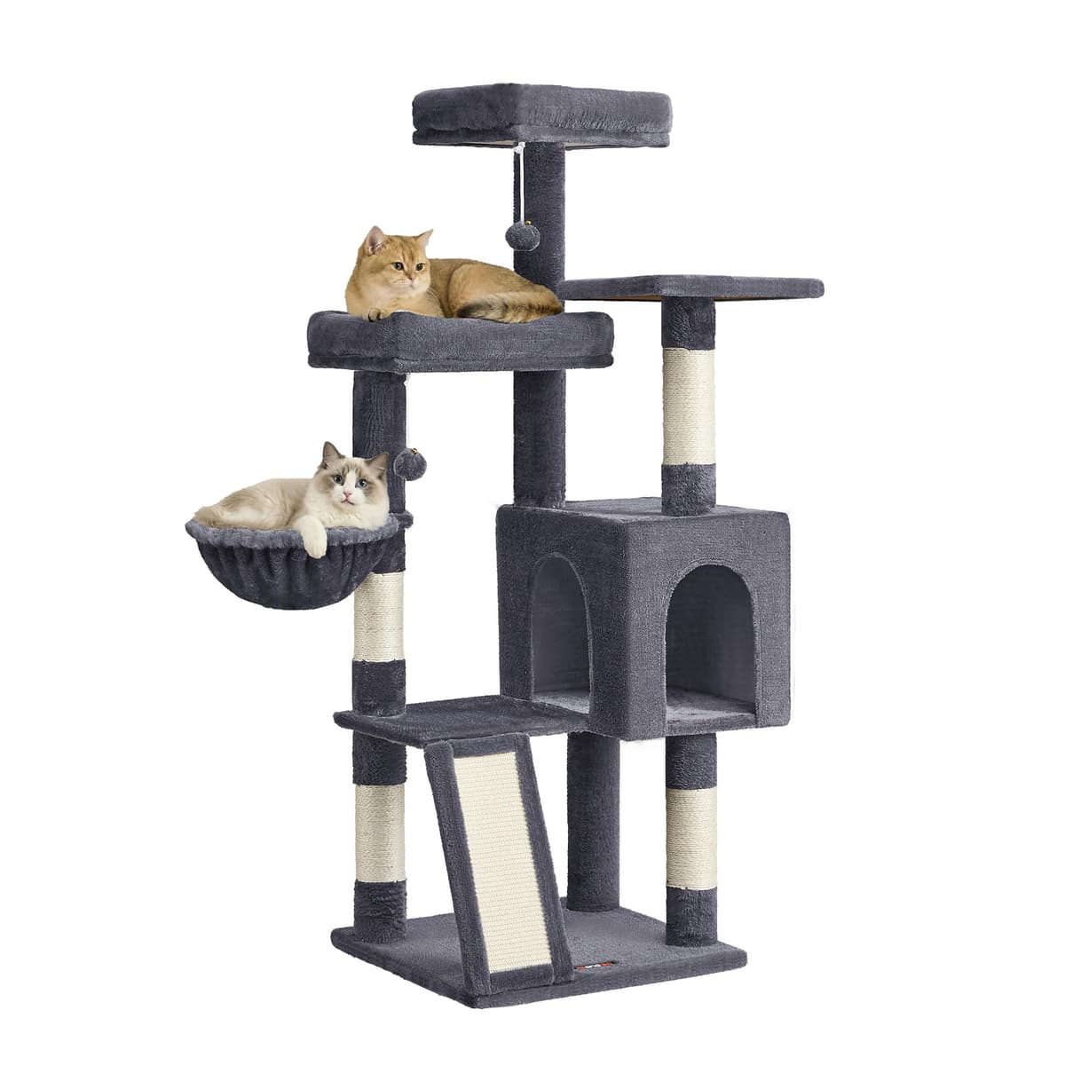Feandrea Árbol para Gatos, Rascador de Gatos, Torre con Postes y Rampa Rascador, 3 Grandes Plataformas, 1 Cueva, 1 Hamaca, 2 Pompones, Altura 136 cm, Gris Oscuro PCT012GS01