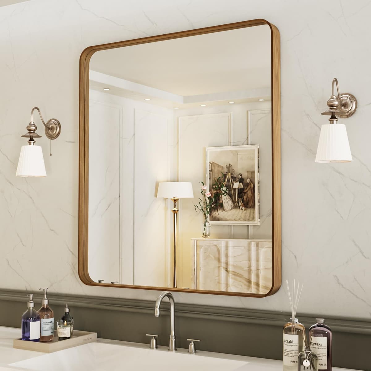 LOAAO 48”X36” Gold Bathroom Mirror, Rounded Rectangle Gold Frame Mirror, Brushed Gold Bathroom Vanity Mirror Wall-Mounted, Anti-Rust, Tempered Glass, Hangs Horizontally or Vertically — view 62
