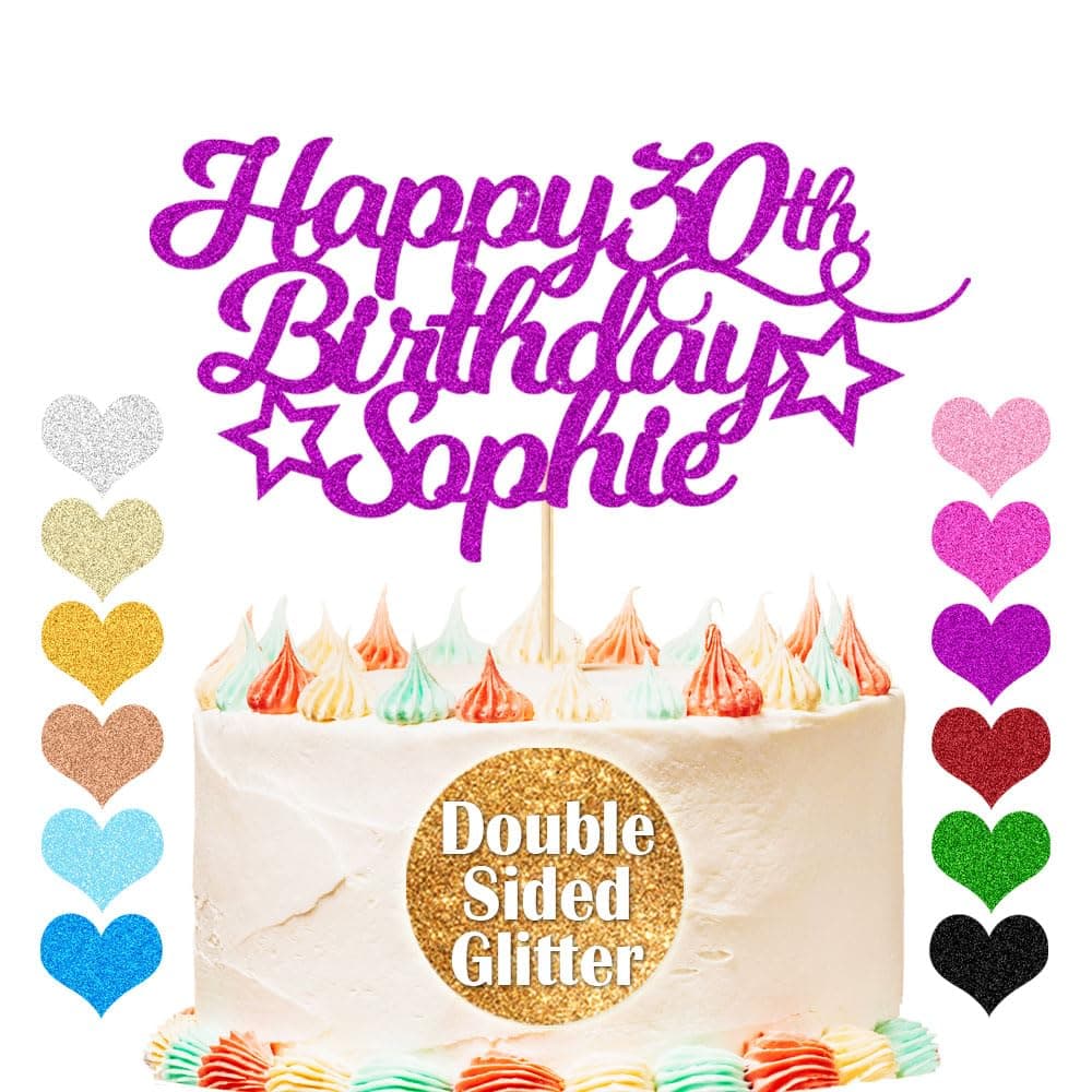 EDSG Happy Birthday Cake Topper Personalised, Custom Cake Topper with Any Age Name, Double-Sided Glitter Cake Topper 13th 16th 18th 21st 30th 40th 50th 60th 80th (with Colored Star Set) — view 3