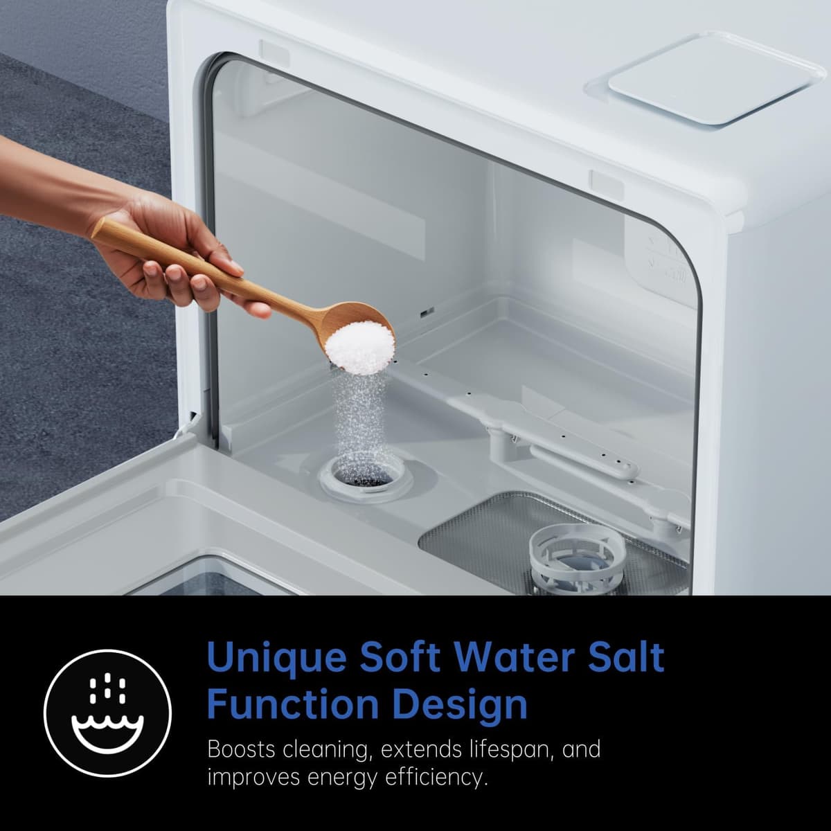 AIRMSEN 2025 NEW Upgraded Table Top Dishwasher with Soft Water Salt Function, Portable Countertop Dishwasher with 9 Programs & 5L Tank, 2-12H Delay Start & 360° Triple Spray Arms, White — view 4