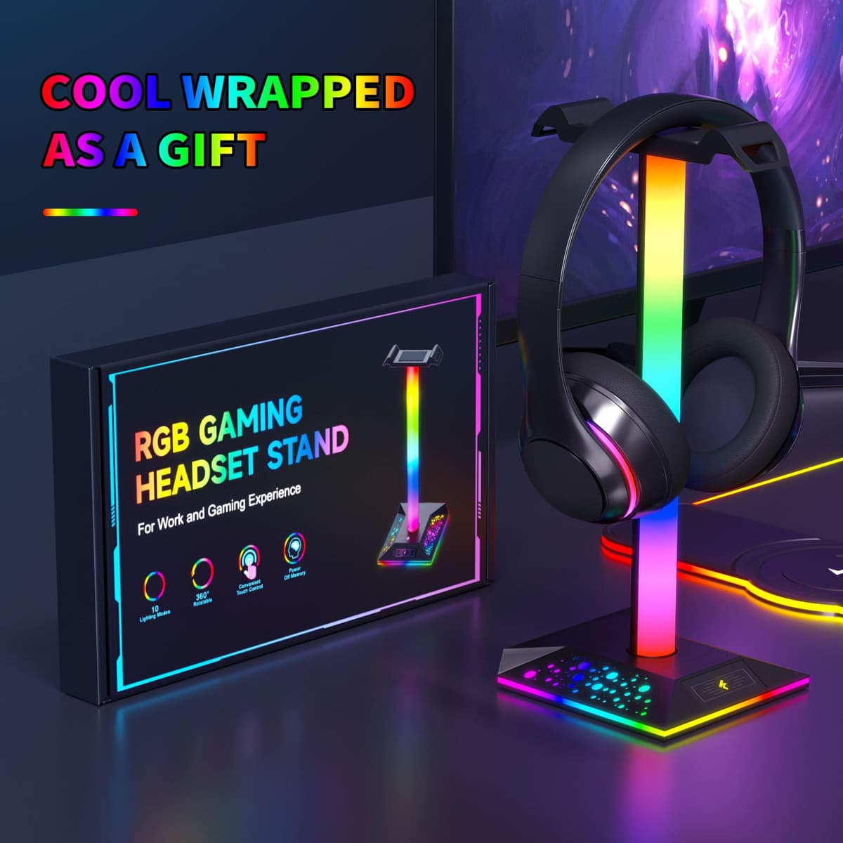 Hcman Headphone Stand Gaming Headset Holder RGB PC Gaming Accessories for Desk, Cool LED Headset Stand with 2 USB Charger for Gamer — view 4