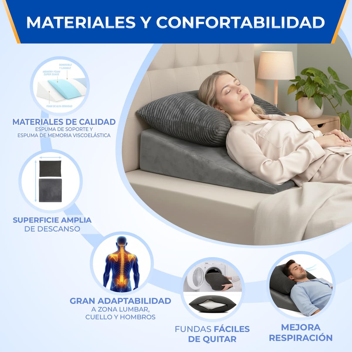 NEROKU® Cuña Antireflujo Adulto y Cojin Lectura Cama - Respaldo Cama y Almohada Cuña que Mejora Circulación, Descanso y Sueño - Almohada de Lectura y Almohada Antironquidos - Cojines Cama Cojines Sofa — view 3