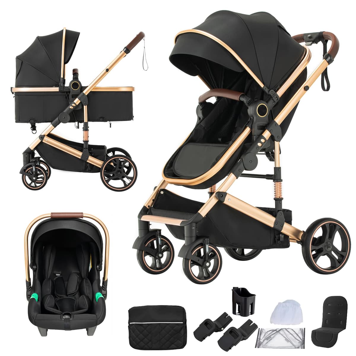 3 in 1 Baby Stroller with Height Adjustable Handle,3 in 1 Prams Travel System, Lightweight Foldable Pushchair, Prams with Aluminum Frame for Portable Baby Carriage (D2 Pink, H2-D) — view 16