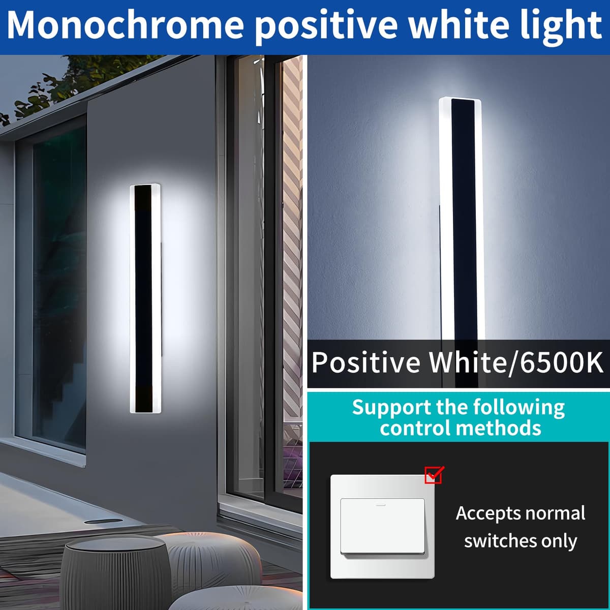 Mikeru 60cm Long Wall Light, 2 Pack Black Minimalist Porch Wall Light, 6500k Cool White Led Acrylic Wall Mounted Luminaire, IP65 Waterproof Outside Wall Sconce for Garage, Patio, Villa — view 3