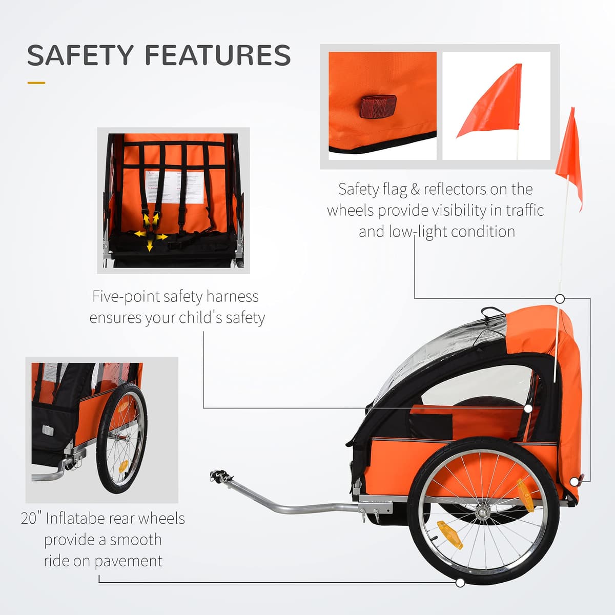 HOMCOM 2 Seat Bike Trailer Bicycle wagon for Kids Child Steel Frame Safety Harness Seat Carrier Orange Black 130 x 76 x 88 cm — view 3