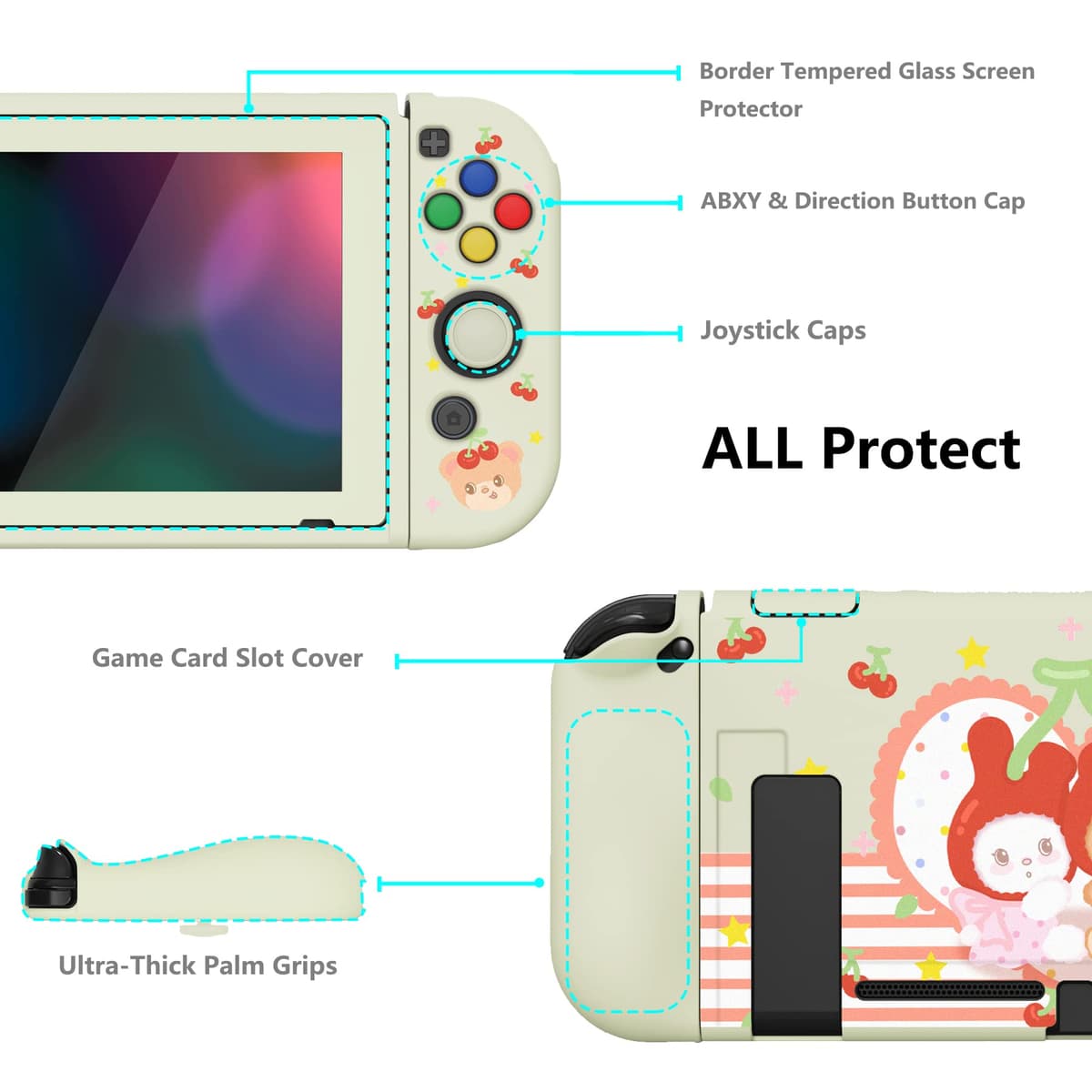 playvital ZealProtect Soft Protective Case for Nintendo Switch, Flexible Cover Protector for Switch with Screen Protector & Thumb Grip Caps & ABXY Direction Button Caps - Cherry Bunny & Cherry Bear — view 5