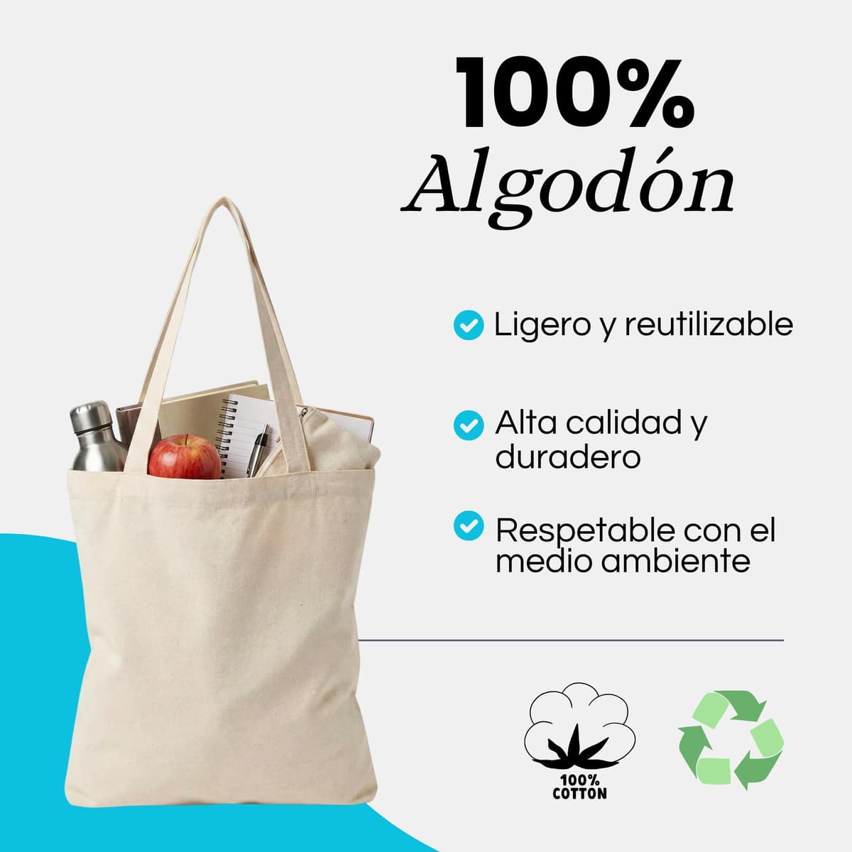 Pack Tote Bag 100% Algodón Natural Reutilizables de 42x38cm y 140 g/m² – Bolsas de Tela Resistentes para Uso Diario con Asas Largas de 70cm y Tamaño Práctico — view 4