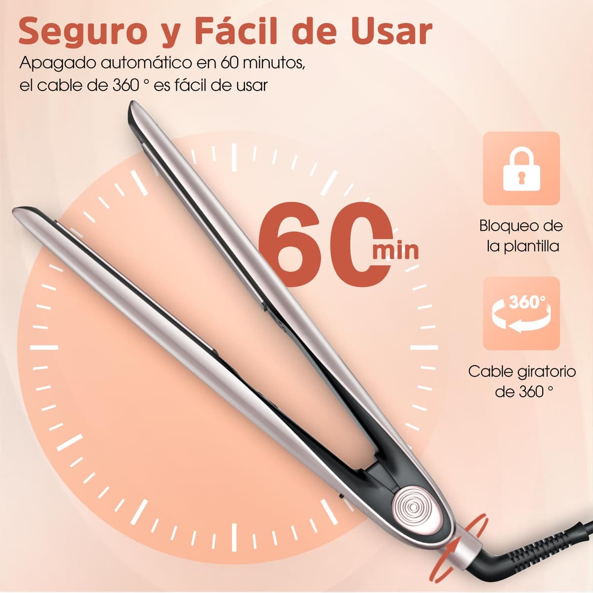 Planchas del Pelo Con Pantalla Digital - Plancha de Pelo Profesional, Tecnología Iónica Anti Frizz, Placas Flotantes Extralargas, Calentamiento Rápido, 5 Ajustes de 120°C a 230°C (Champán) — view 7