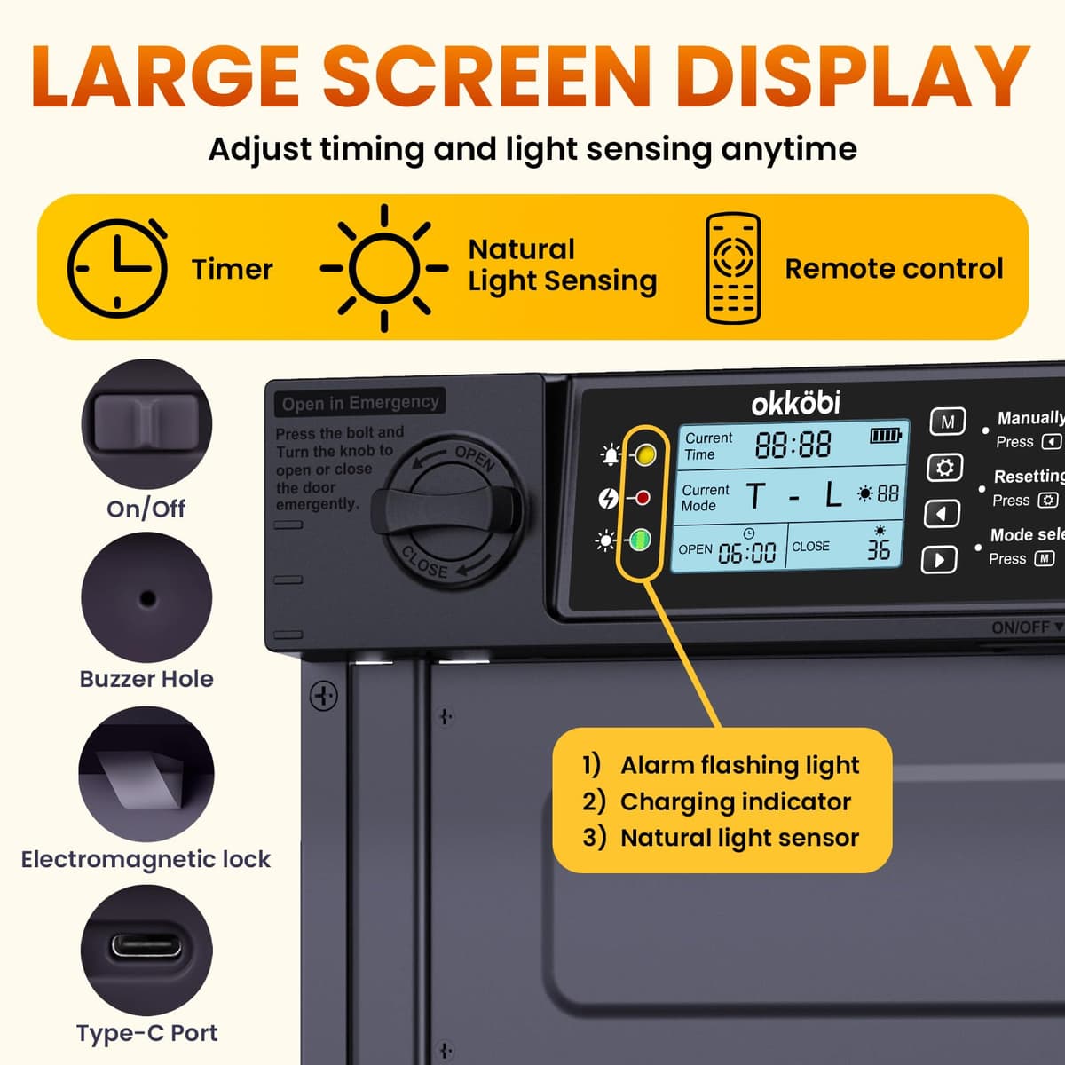 Okköbi Automatic Chicken Coop Door PRO - Light Sensor & Timer - Anti-Pinch Function - Wide Opening - New Model - Solar Powered with LCD Display & Remote Control - 5 Year Protection — view 4