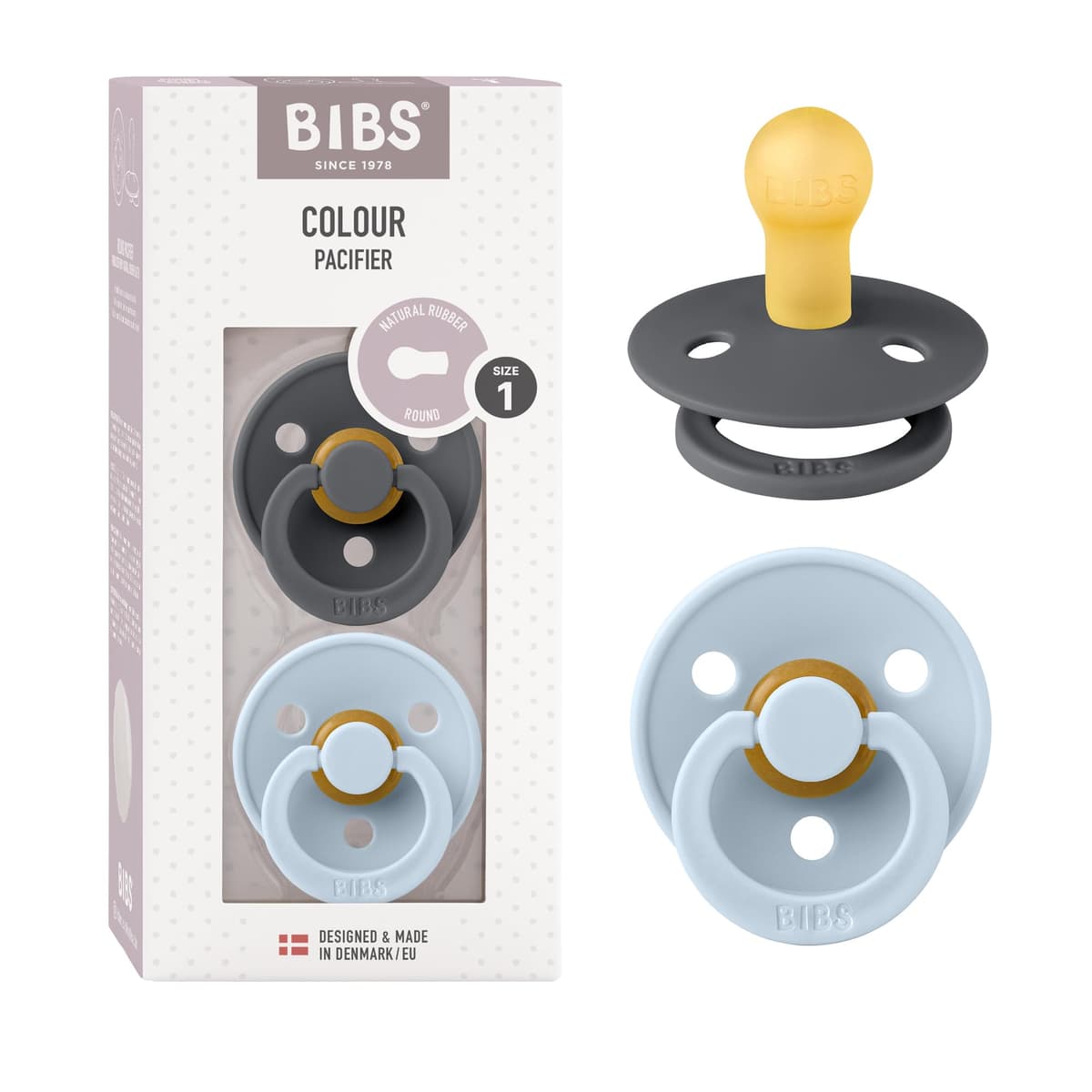 BIBS Colour Soother 2-Pack, BPA Free Dummy Pacifier, Round Nipple. Natural Rubber Latex, Size 2 (6-18 Months), Sky Blue/Steel Blue — view 75