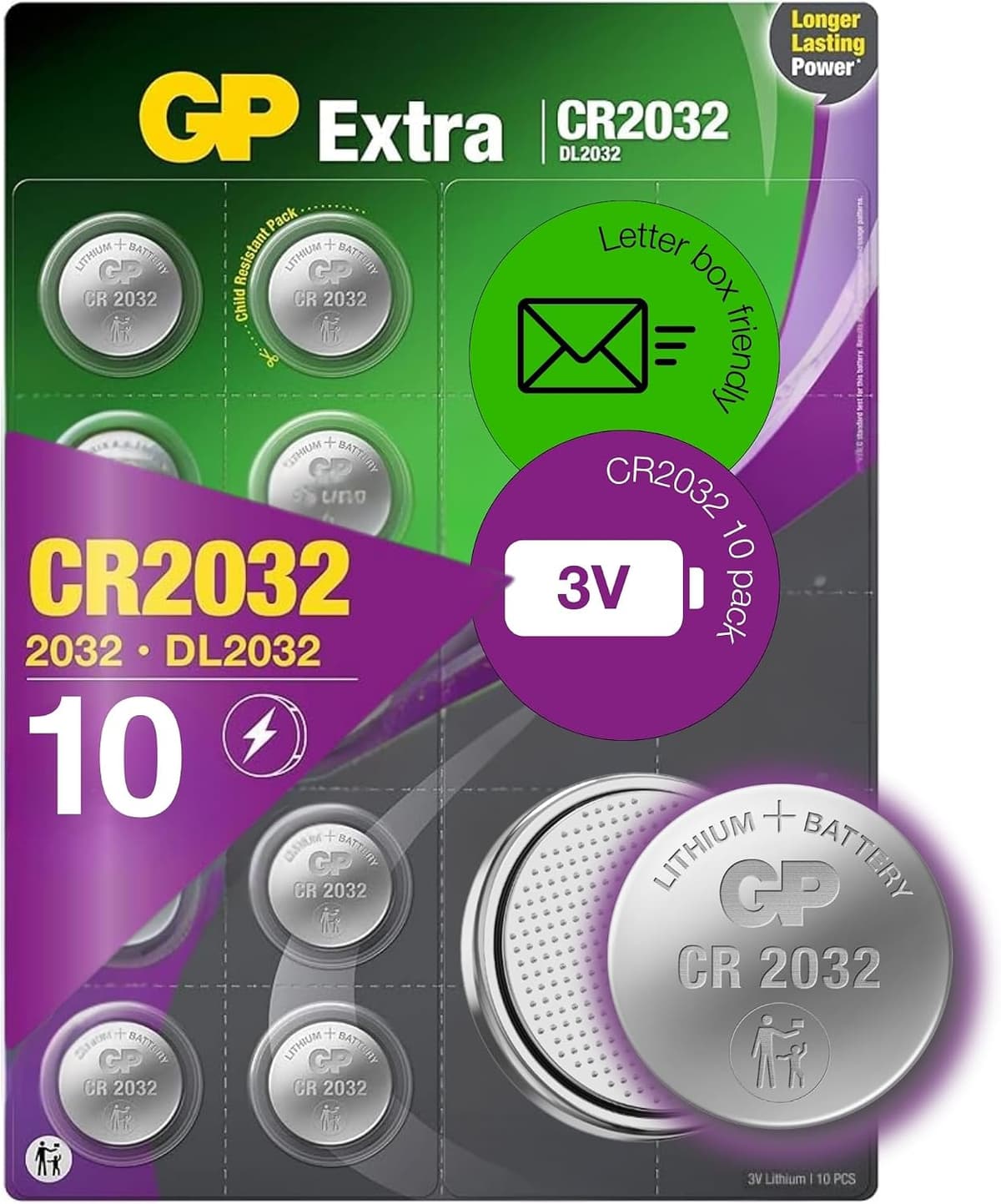 GP Extra CR2032 Batteries 3V Lithium Coin Battery – Pack of 10 – Long Lasting Button Cell Battery for Car Key Fob, AirTag, Scales, Remotes & Toys – Child-Safe Packaging – Replaces DL2032 ECR2032 — view 7