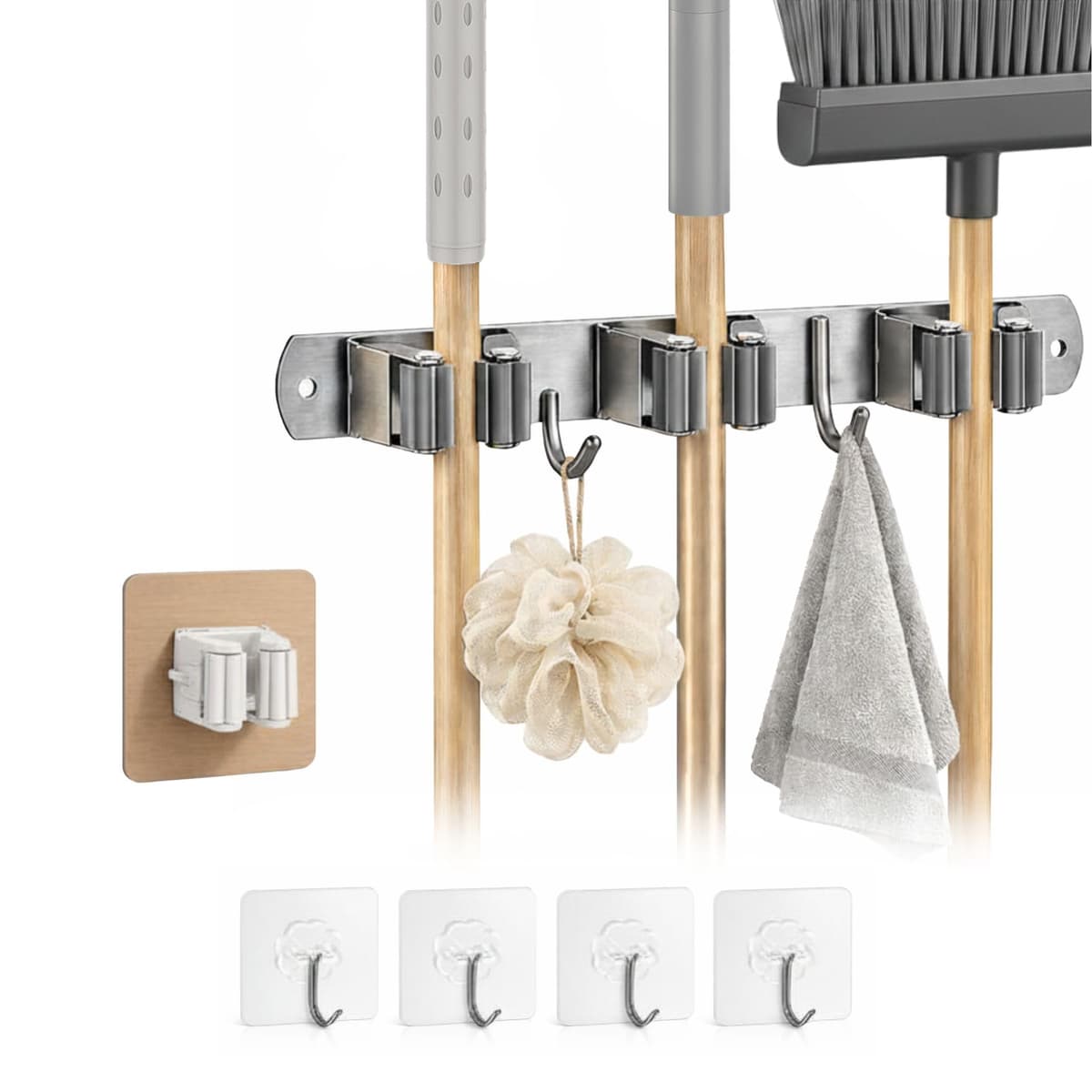 Pack Colgador Escobas y Fregonas + 1 Soporte Escobas Pared Adhesivo + 4 Ganchos | Acero Inoxidable Apto Exterior | Instalación con o sin Taladro (Incluye Adhesivo y Tornillería) | Hasta 15kg