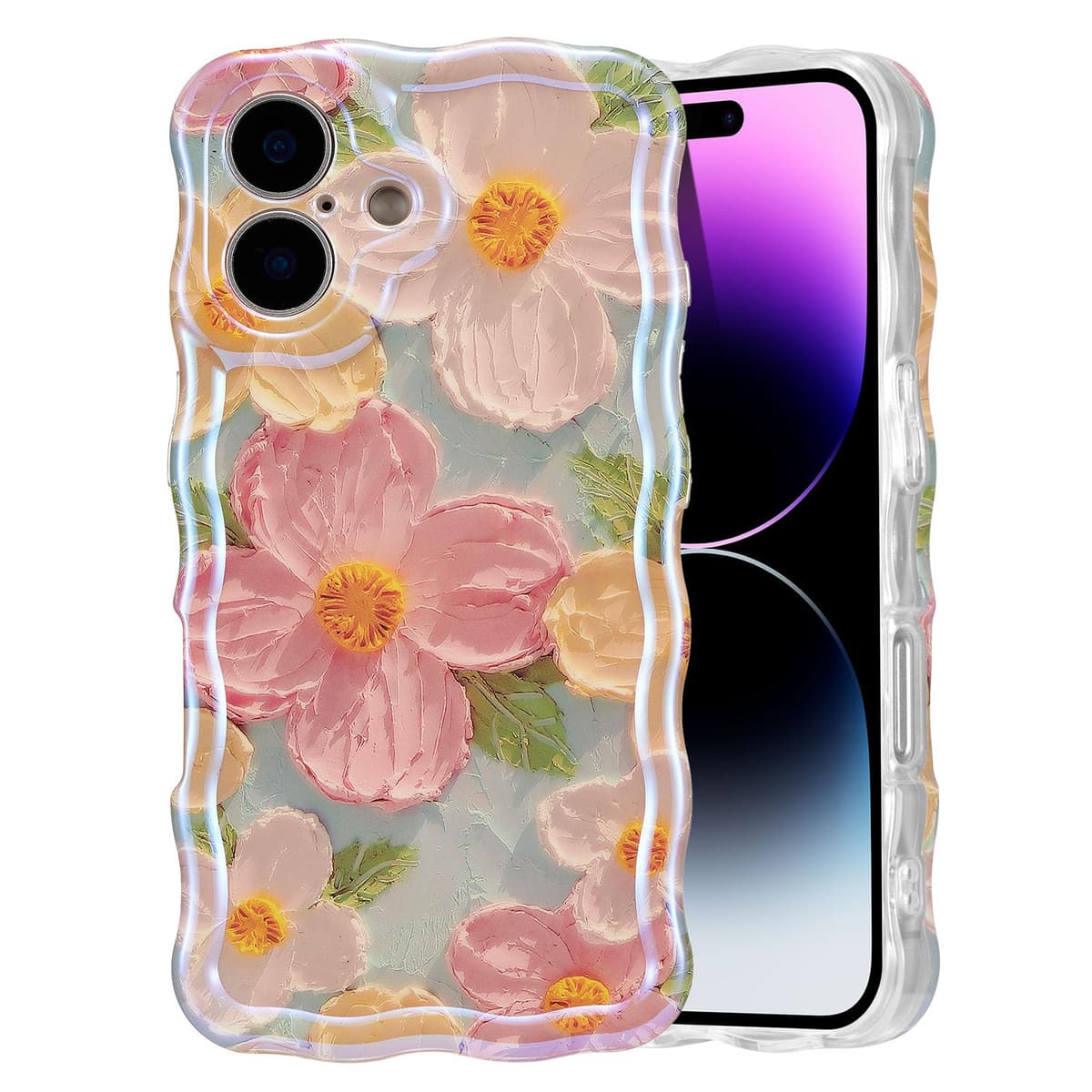 EYZUTAK Case for iPhone 16, Colorful Retro Oil Painting Printed Flower Laser Glossy Pattern Cute Curly Wave Edge Exquisite Phone Cover Stylish Durable TPU Protective Case for Girl Women-Green