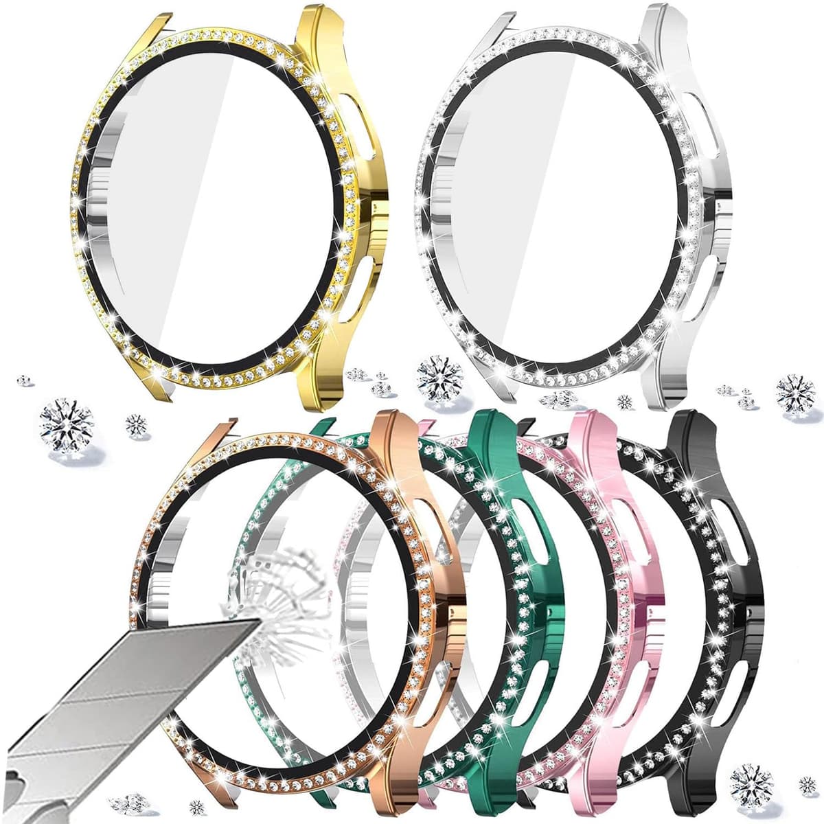 DEALELE [2-PACK] Case Compatible with Samsung Galaxy Watch FE / 5/4 40mm, Bling Double-row Diamond PC Protective Case Protector Cover, 40mm, Rose gold + Transparent — view 90