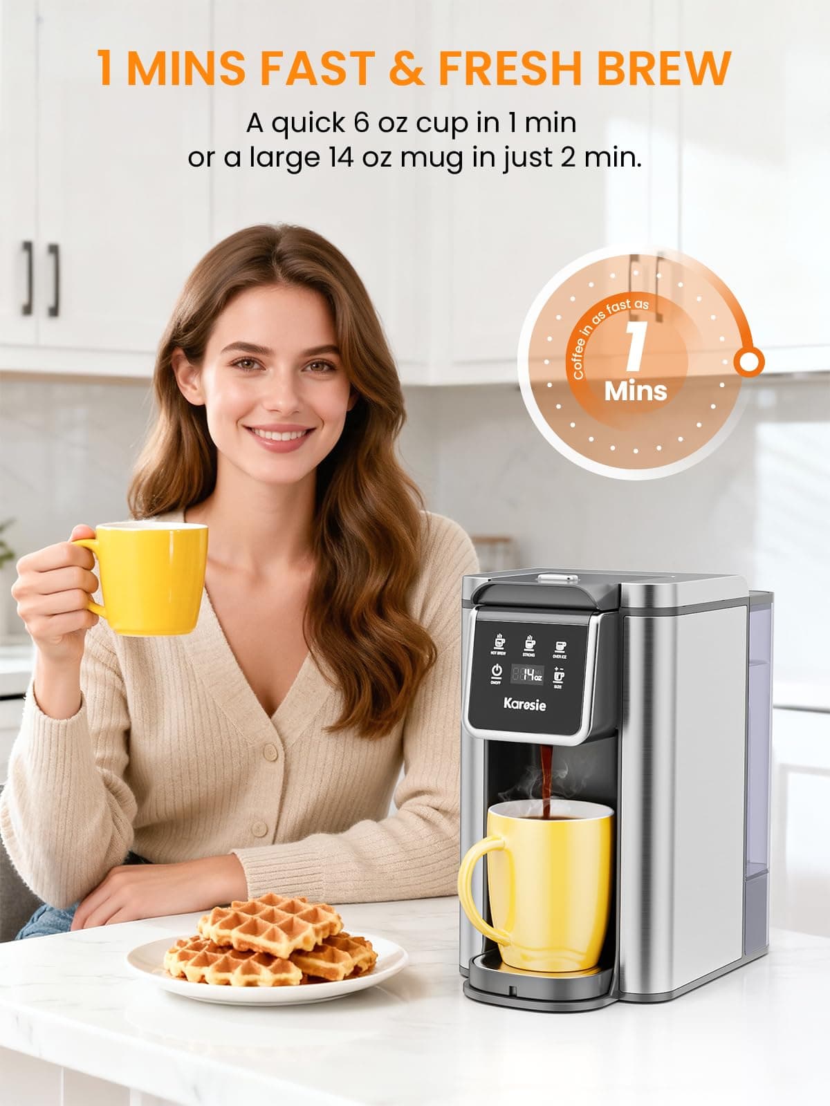 Karosie K Cup Coffee Maker, Hot & Iced Coffee Maker for K Cup and Grounds, 6-14 Oz Brew Sizes, 50oz Removable Tank, Single Cup Coffee Maker with Descaling Reminder, Stainless Steel, Black — view 4