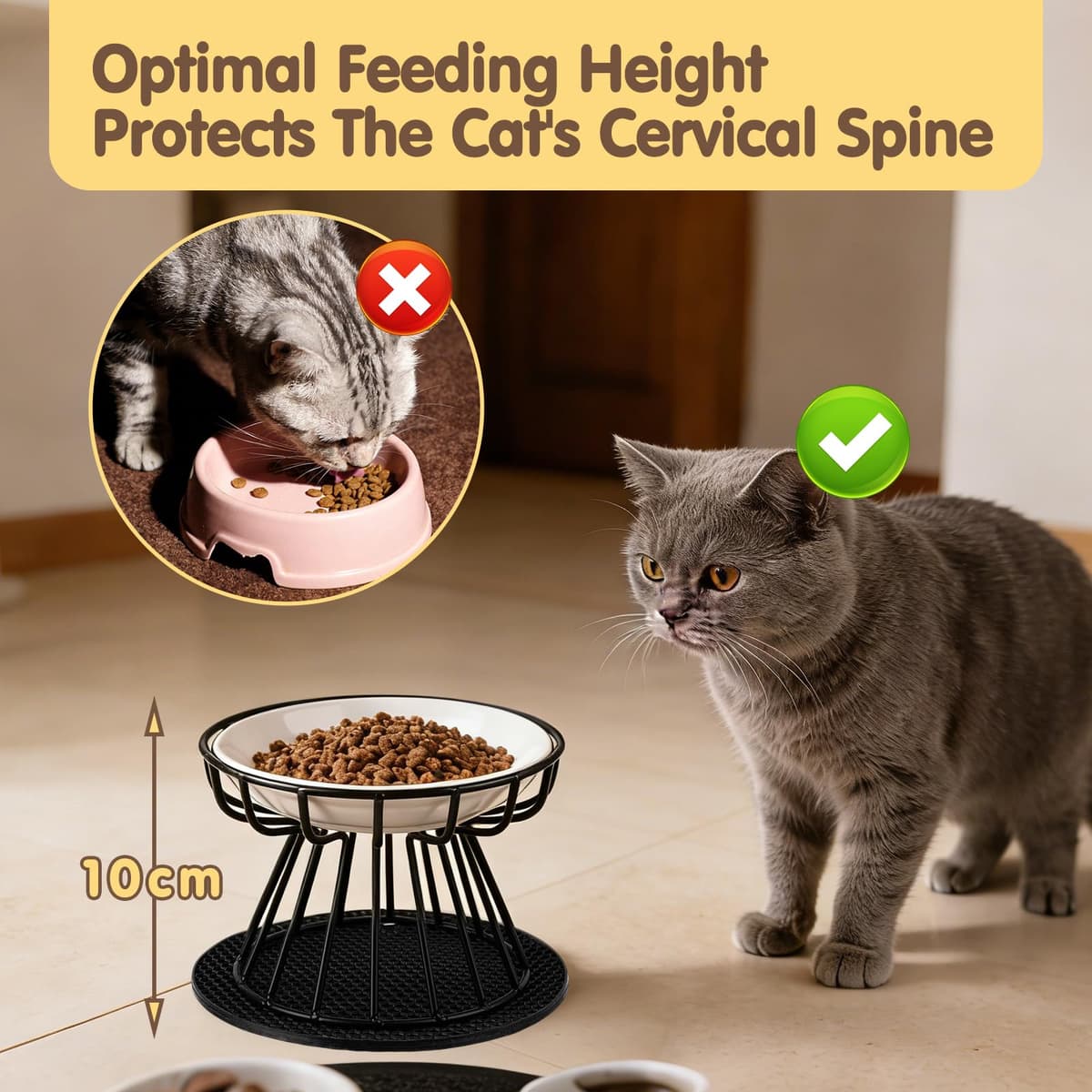 2 Piezas Comedero Gato Elevado Cuenco Cerámica Gato Elevado 10 cm con Soporte y Antideslizante Alfombrilla, Platos para Gatos Elevados para Agua y Comida — view 5