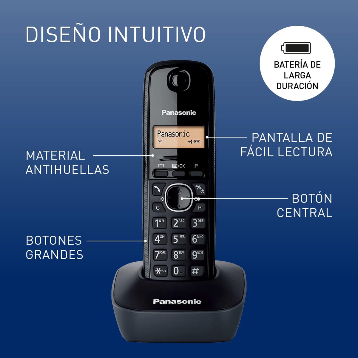 Panasonic KX-TG1612SP1 Teléfono Inalámbrico Digital DECT, Unidad Base y 2 Auriculares, Identificador De Llamadas, Batería Larga Duración, Pantalla LCD, Agenda, Rellamada, Despertador, Negro — view 2